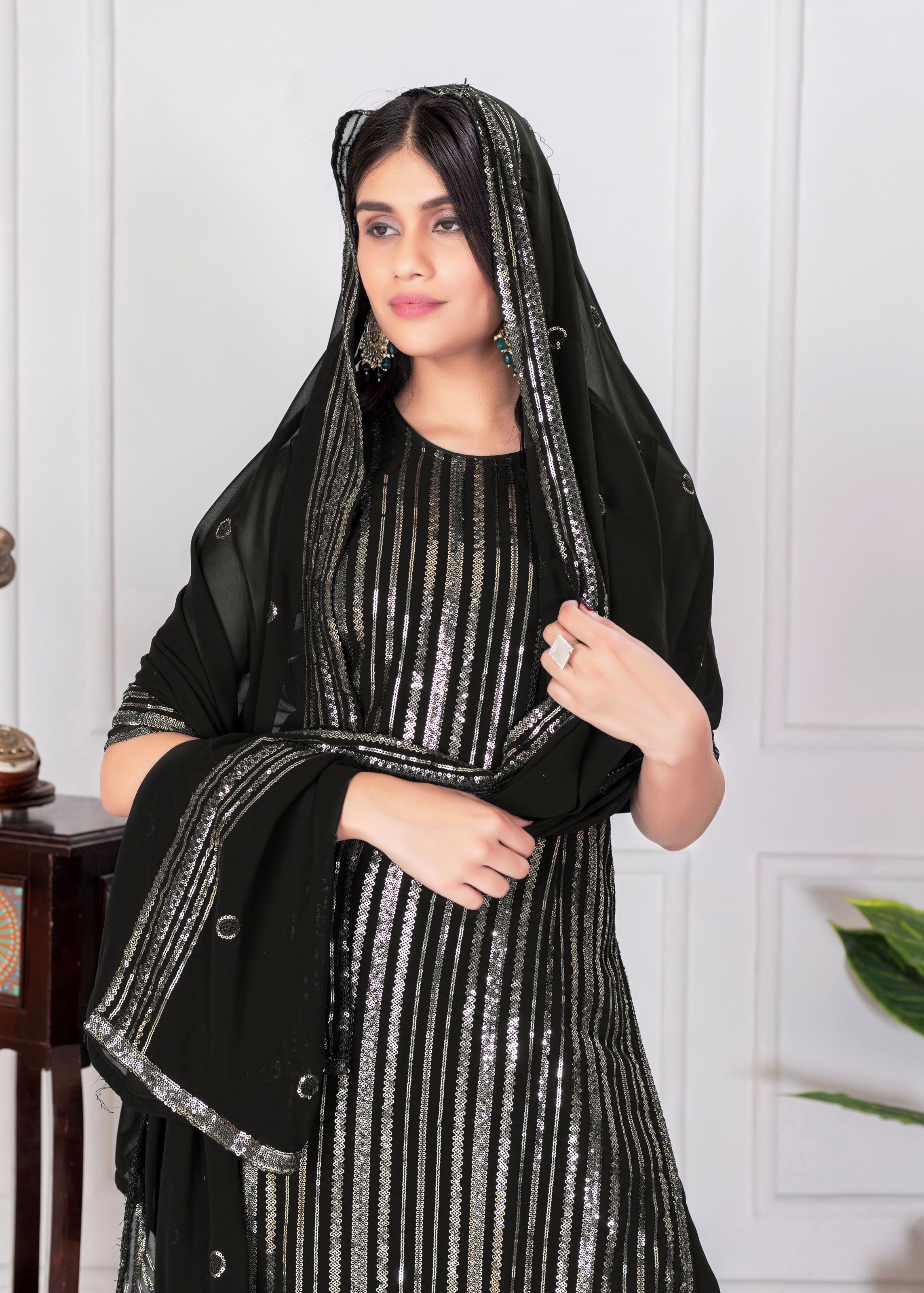 Black Sharara Dress With Sequence Embroidered