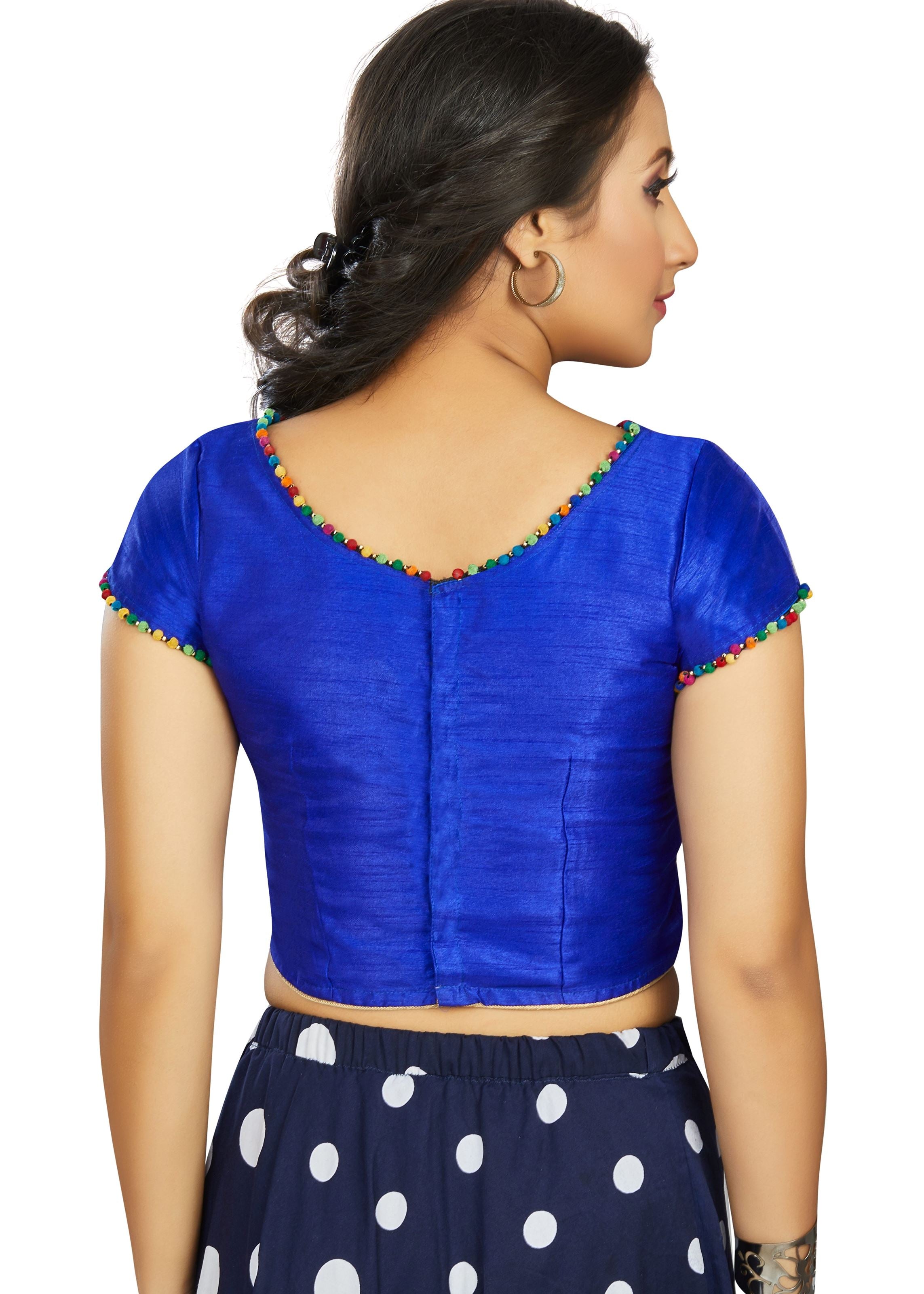 Blue Art Silk Boat Neck Plain Blouse