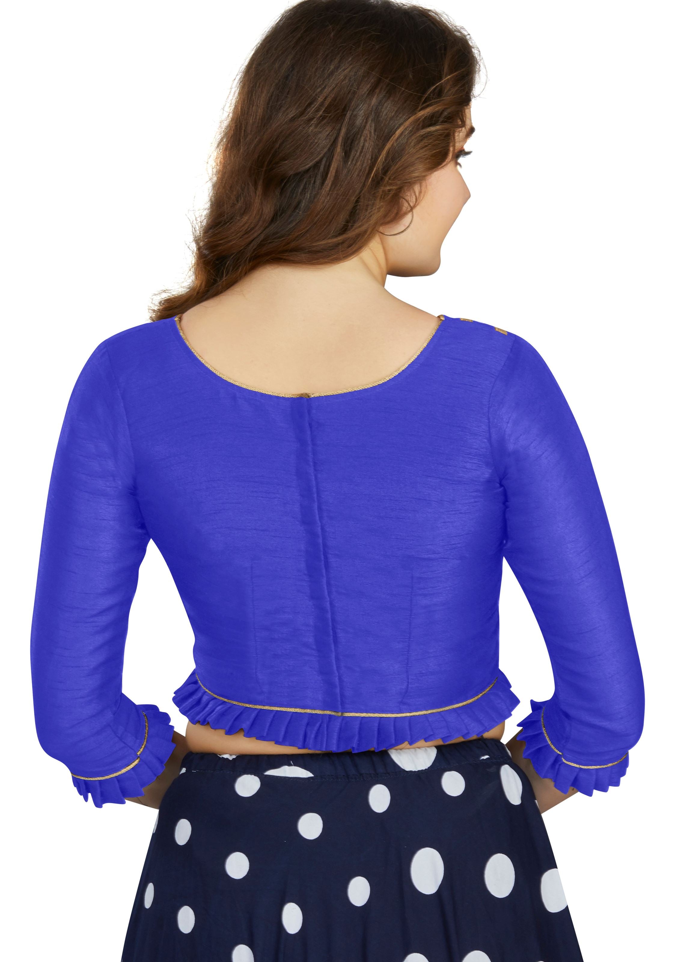 Blue Art Silk Boat Neck Plain Blouse