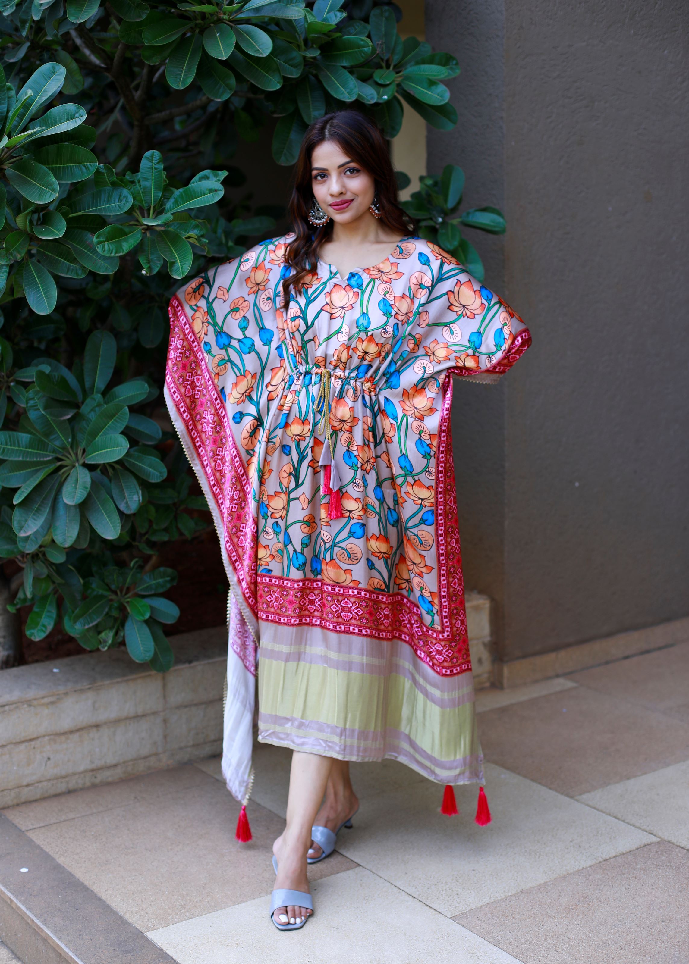 Blue Color Pure Gaji Silk Kaftan with Gotta Patti Tassels