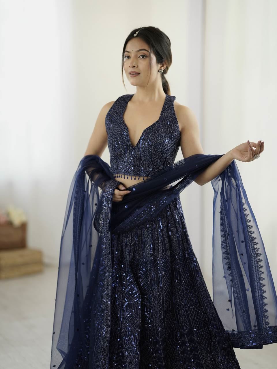 Blue Lehenga Choli with Sequins & Dori Work