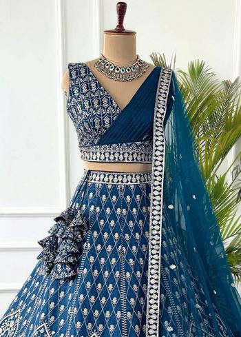 Blue Lehenga Choli With Sequins With Jari Thread Embroidery Work