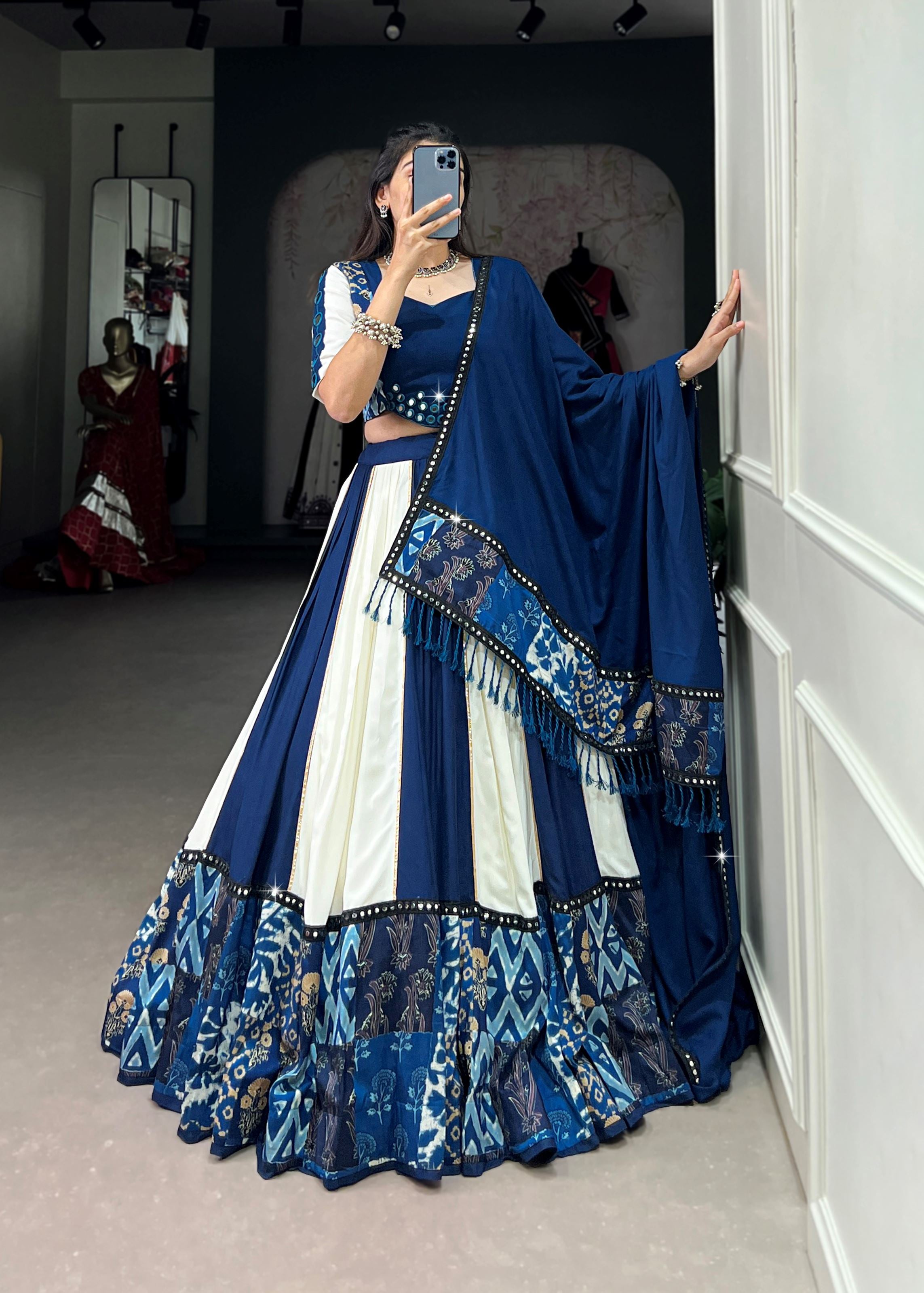 Blue Printed Plain Rayon Lehenga with Mirror Lace and Gota Patti Sparkle