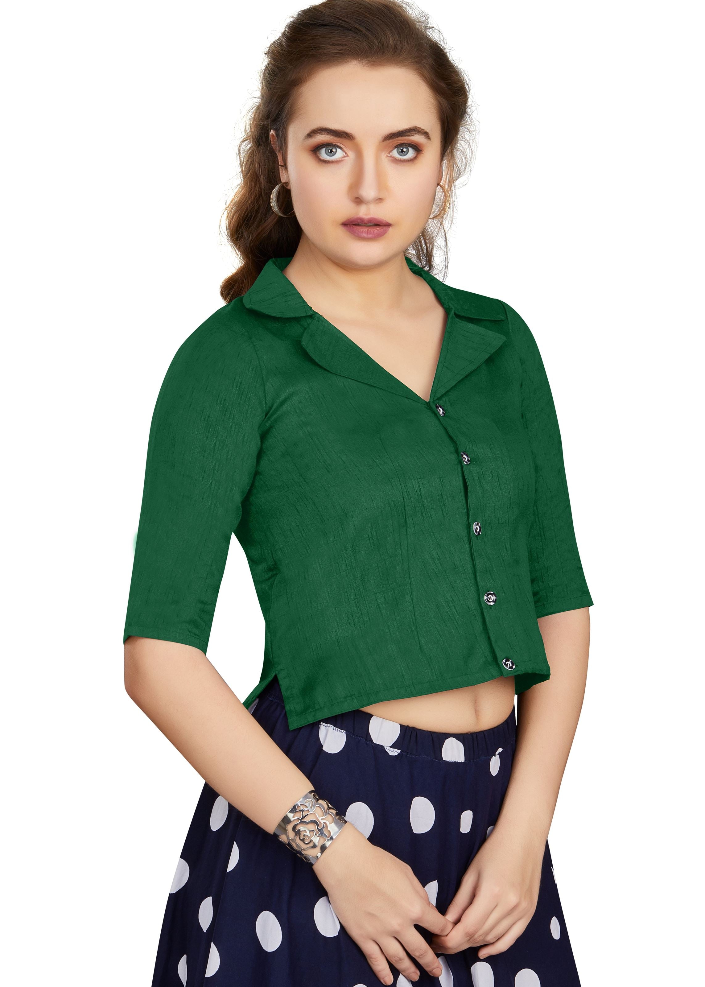 Bottle Green Art Silk Collar Neck Plain Blouse