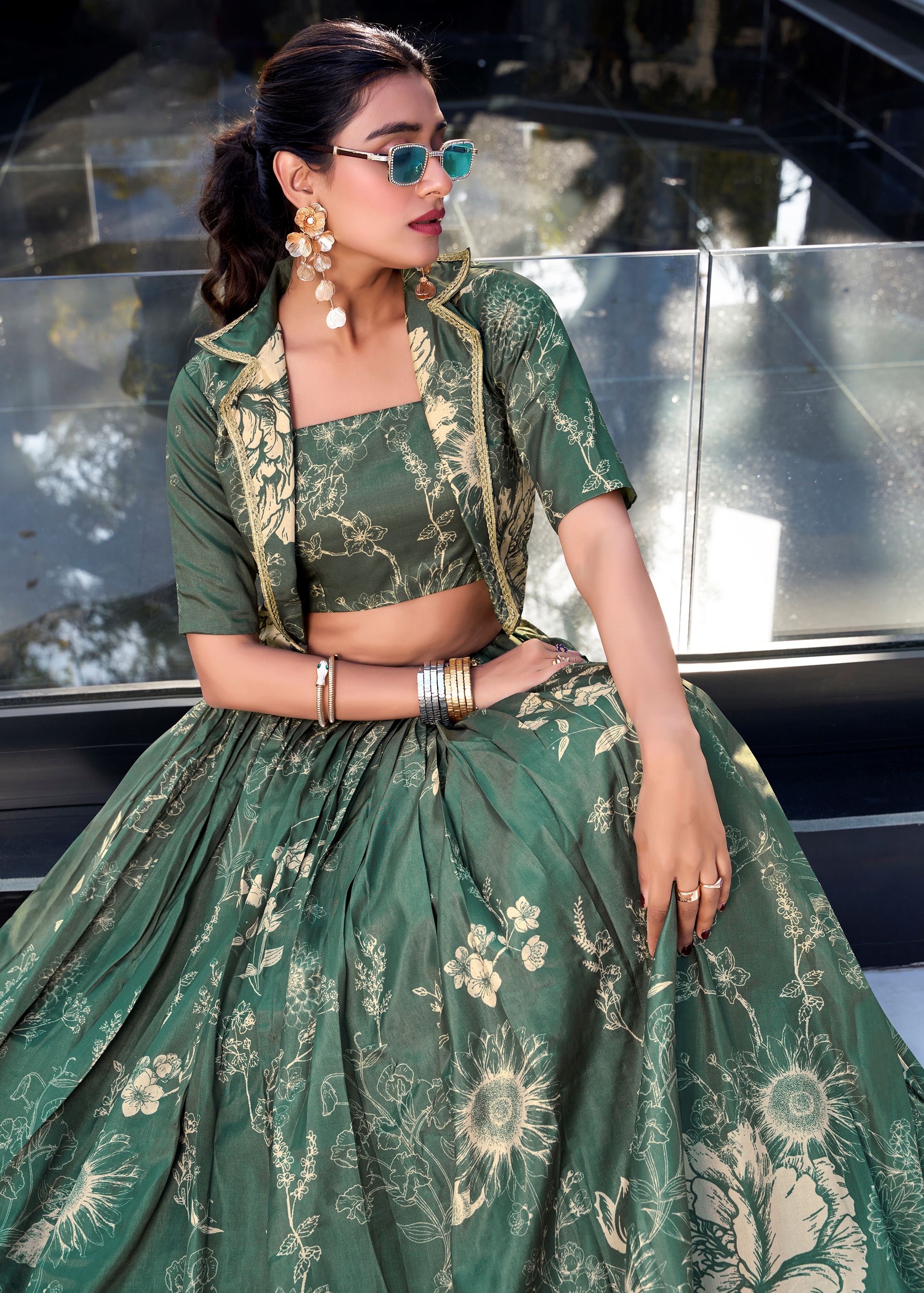 Bottle Green Grace in Bloom Tussar Silk Floral Print Lehenga