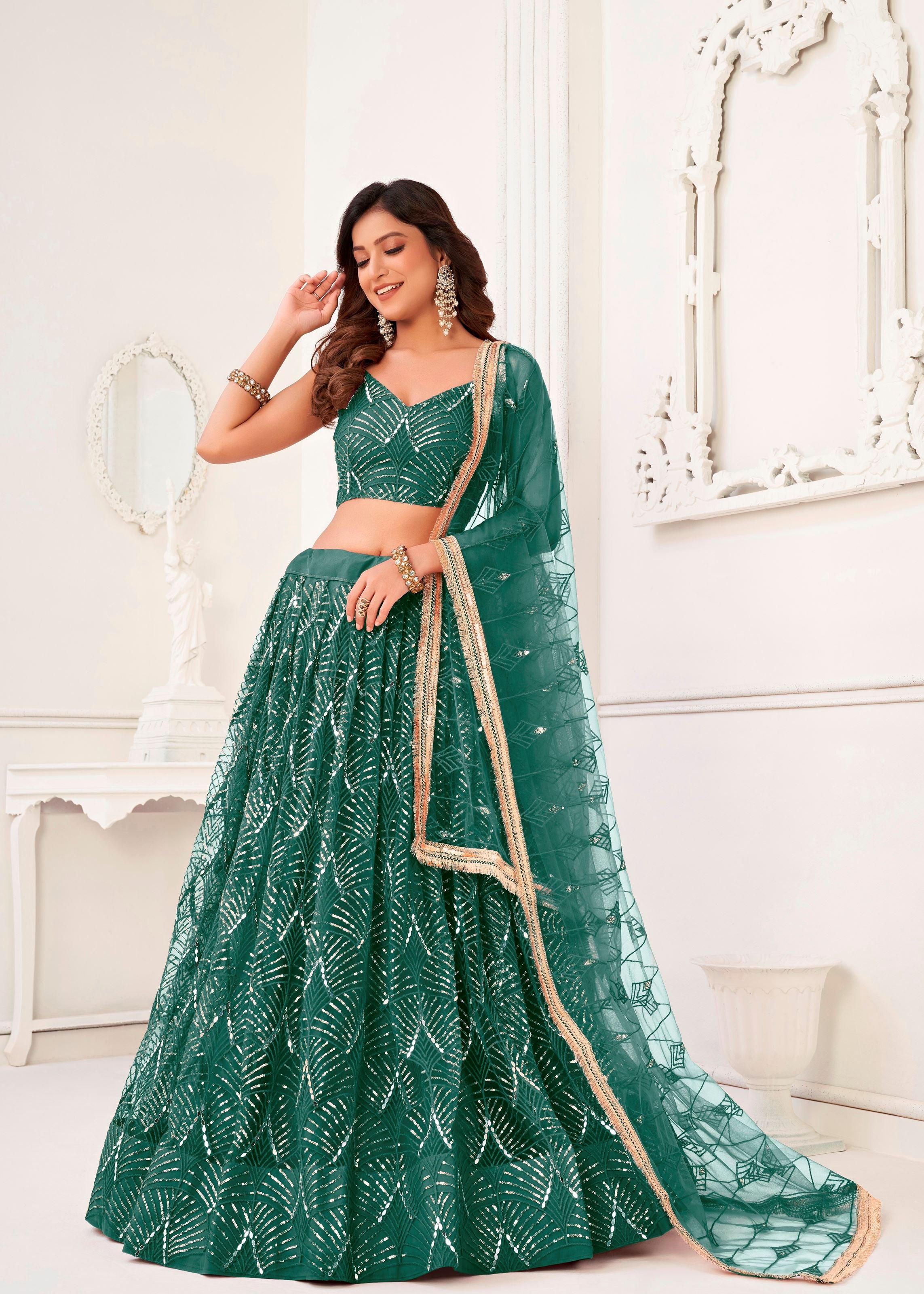 Bottlegreen Net Lehenga Choli With Thread Embroidery Real Mirror Work