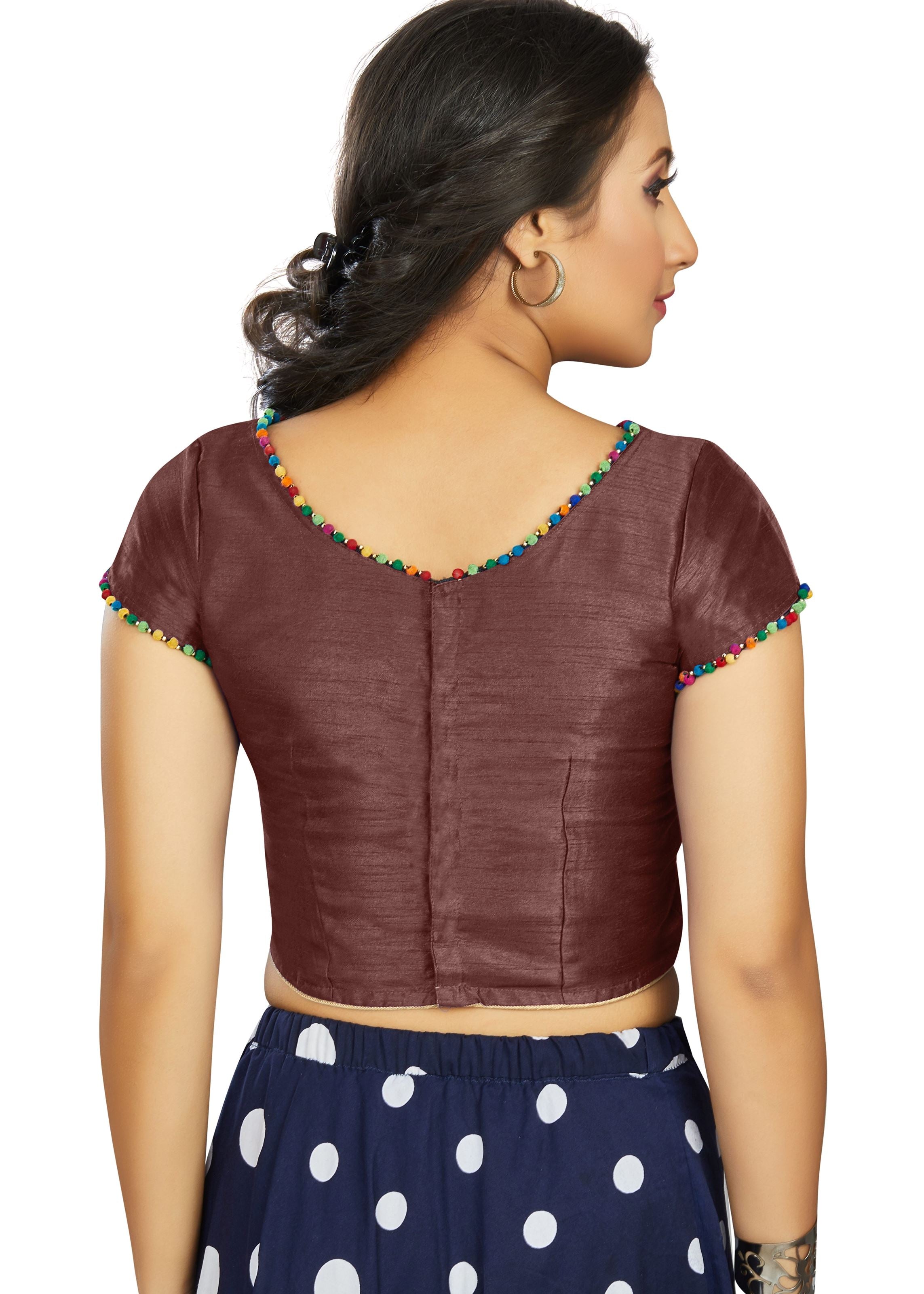 Brown Art Silk Boat Neck Plain Blouse