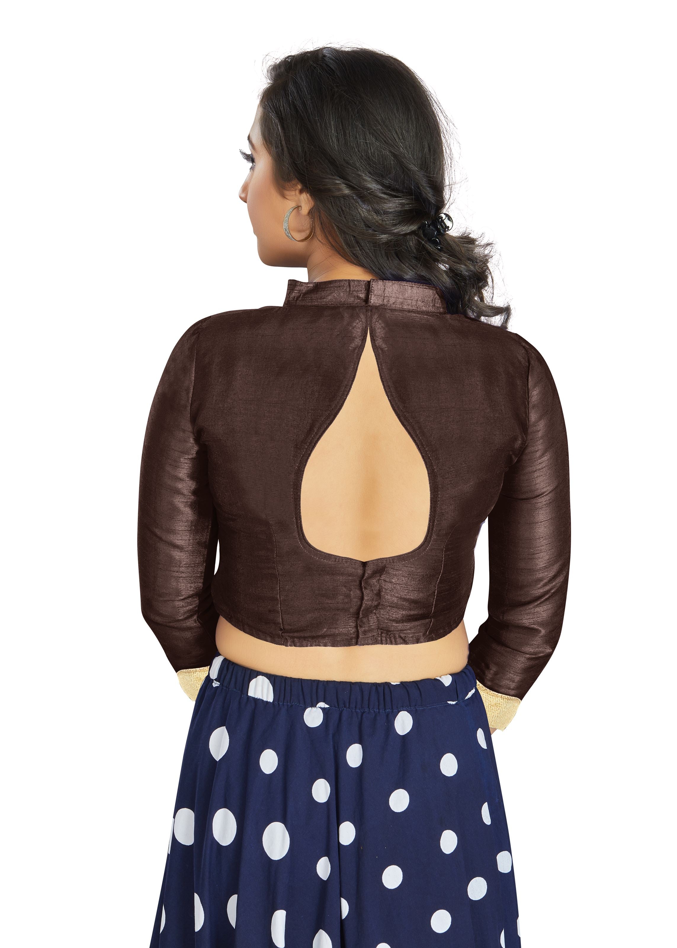 Brown Art Silk V Neck Chinese Collar Blouse With Matty In Sleeve