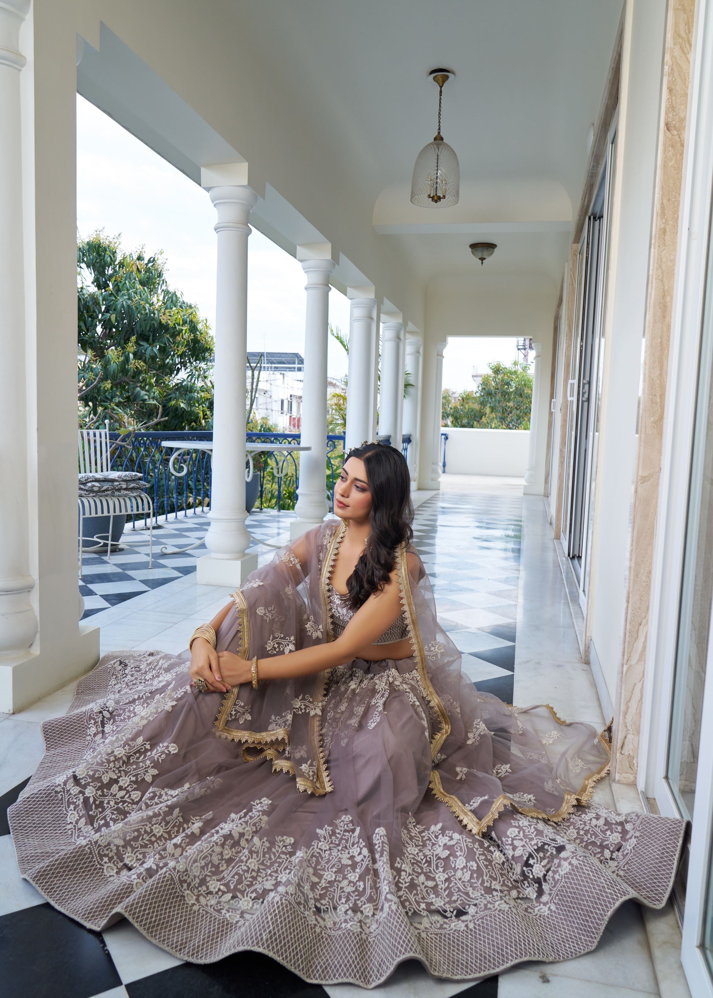 Brown Net Lehenga Choli With Thread Embroidery Work