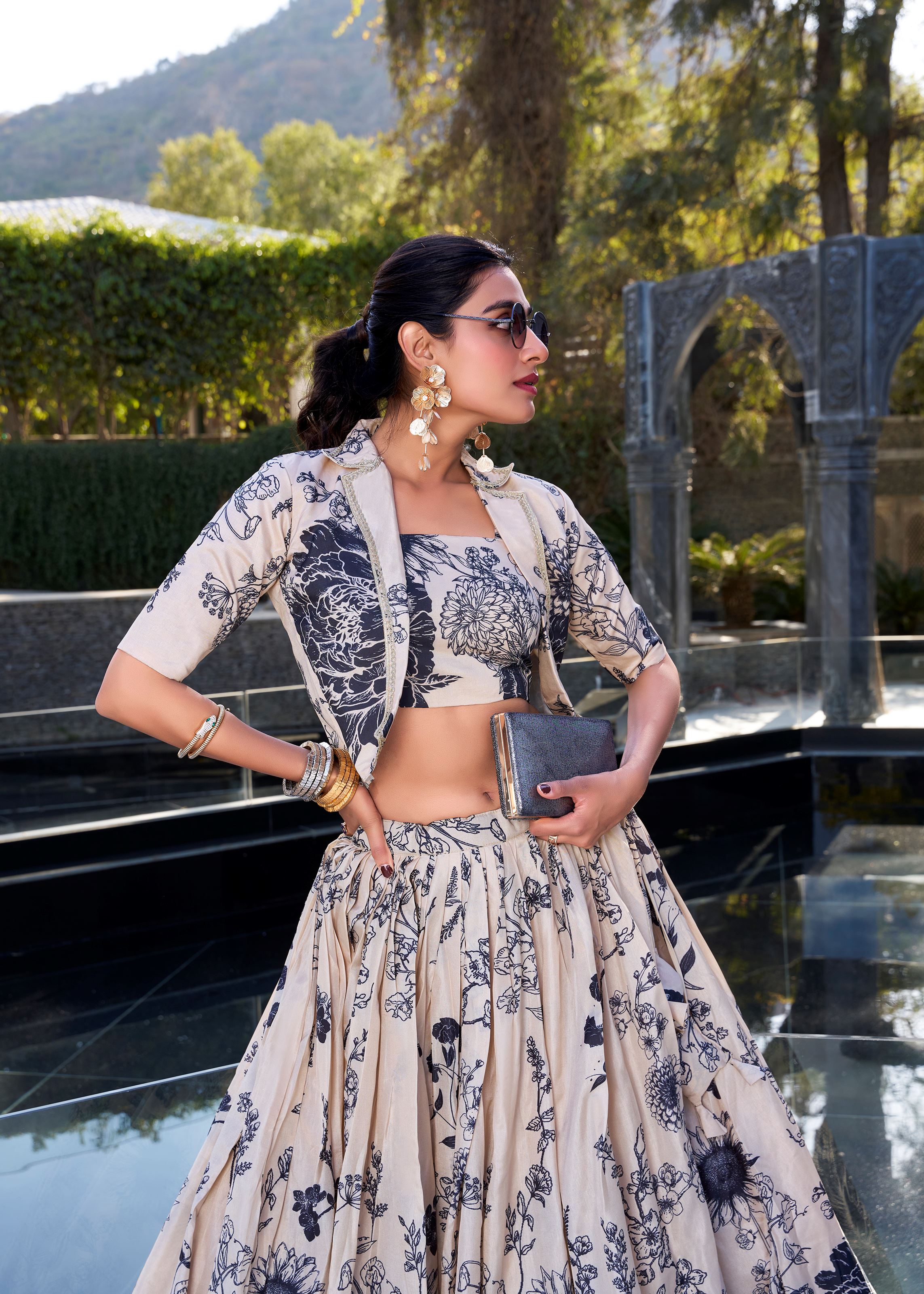 Cream Grace in Bloom Tussar Silk Floral Print Lehenga