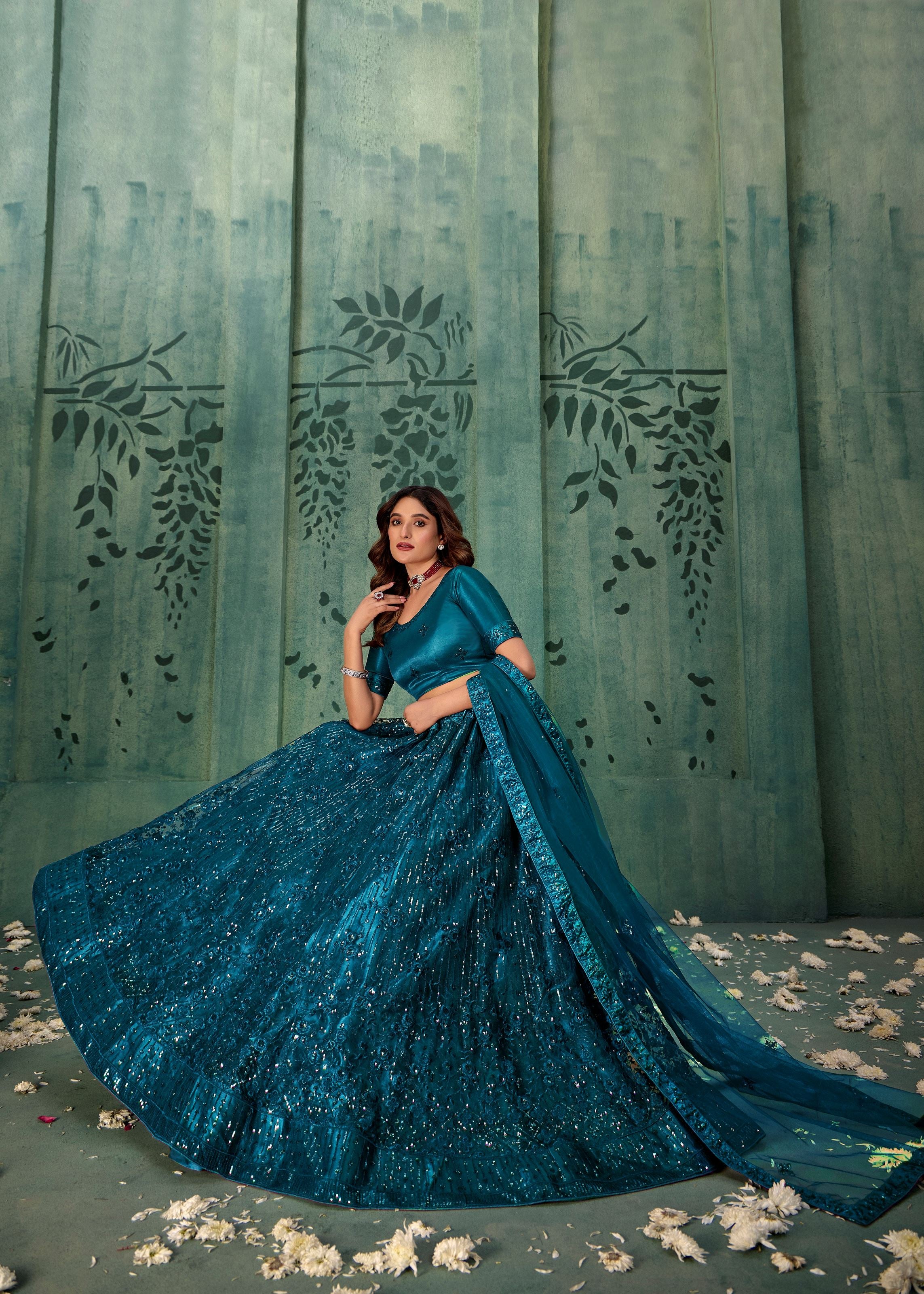 Crystal Teal Net Lehenga with Stylish Sequin Detailing