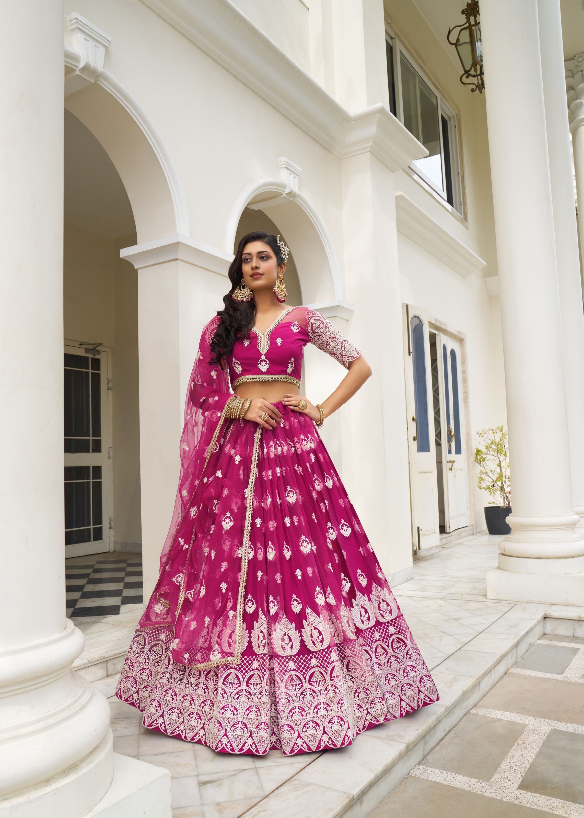 DarkPink Butterfly Net Lehenga Choli With Designer Thread Work, Zari Work And Sequence Work