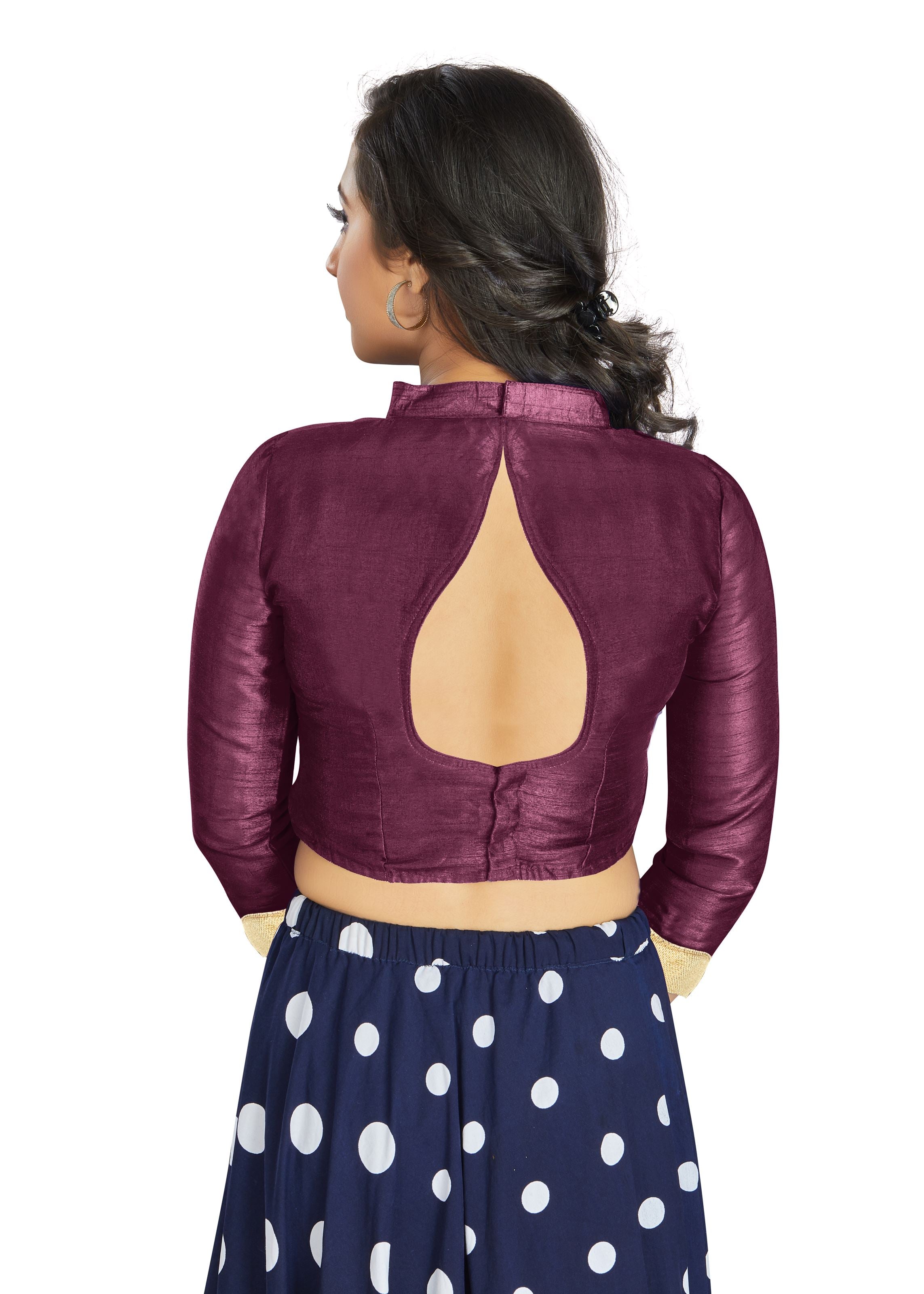 Dark Purple Art Silk V Neck Chinese Collar Blouse With Matty In Sleeve