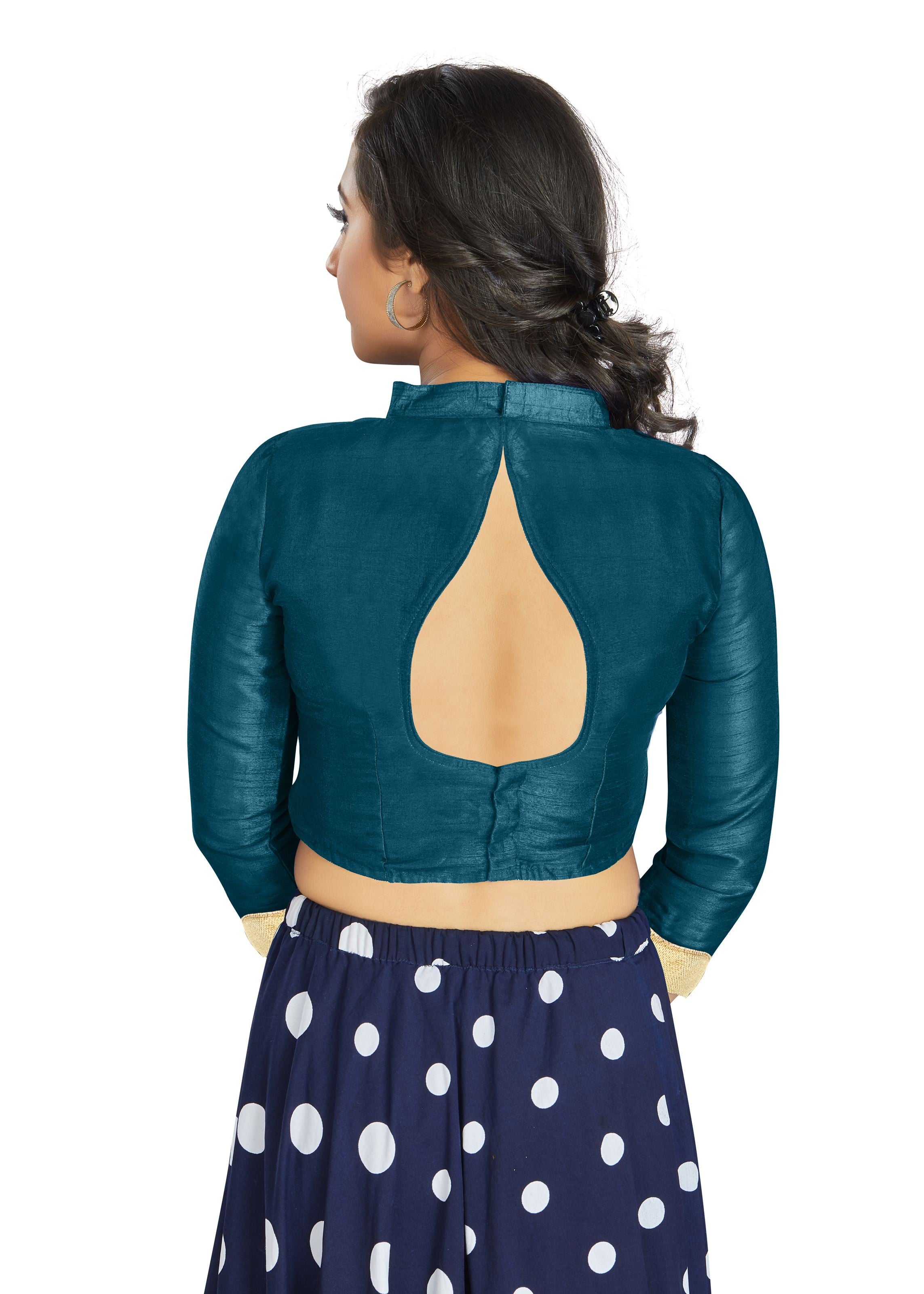 Dark Sky Art Silk V Neck Chinese Collar Blouse With Matty In Sleeve