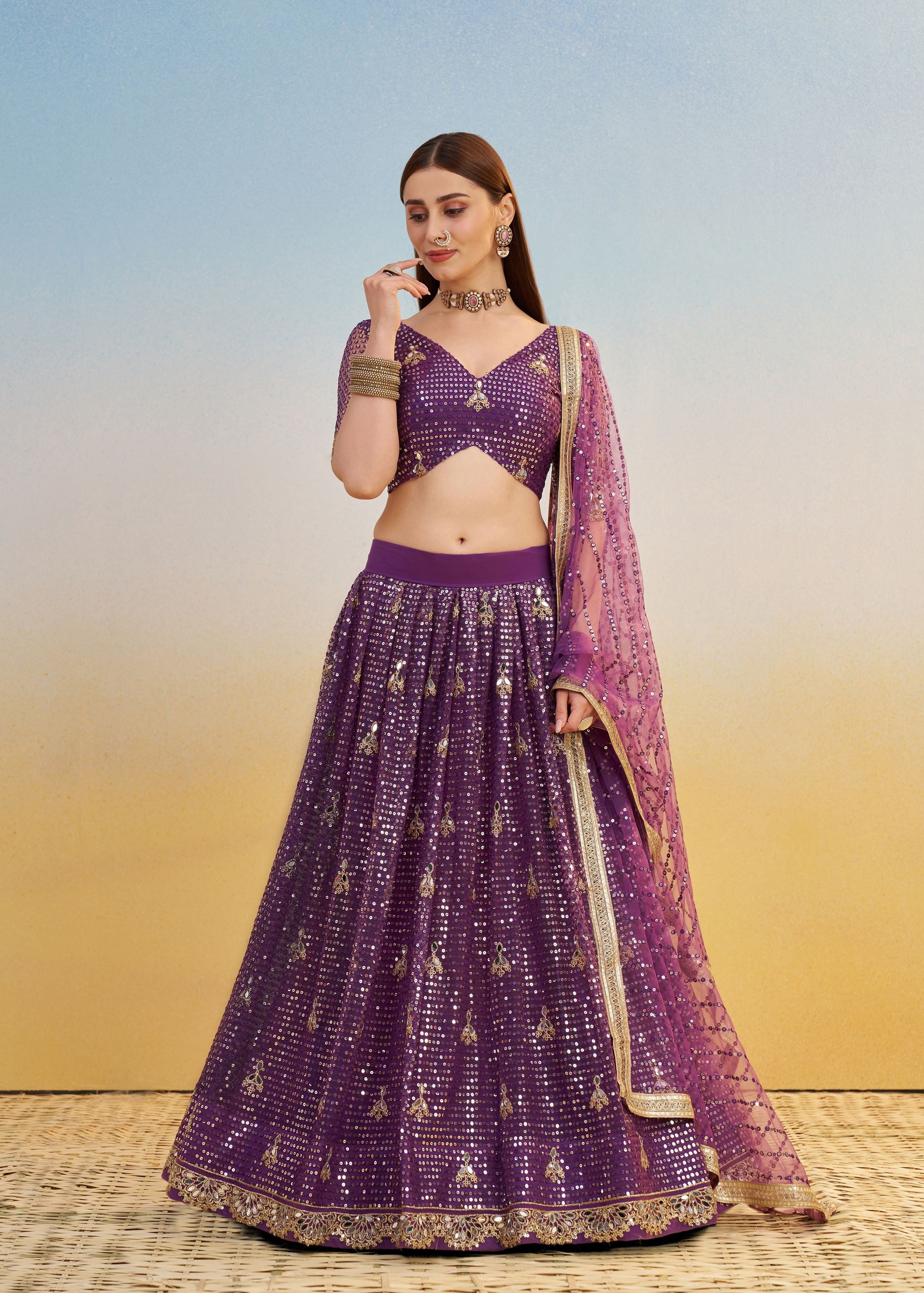 Dark Purple Lehenga Choli With Tone To Tone Thread Work Zari Work and Sequence Work Embroidery With Readymade Fancy Lace