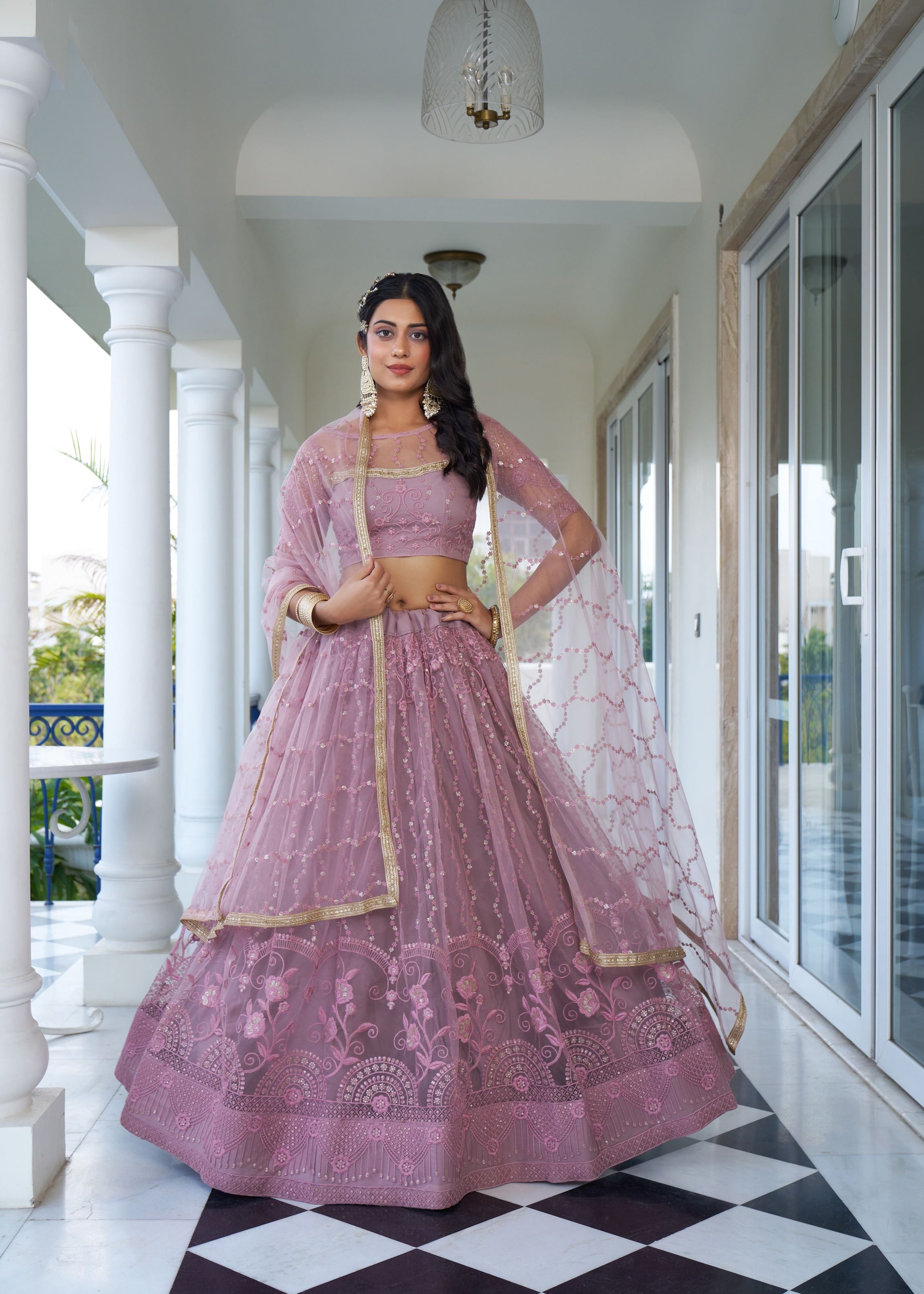 Dustypink Net Lehenga Choli With Thread Embroidery Work