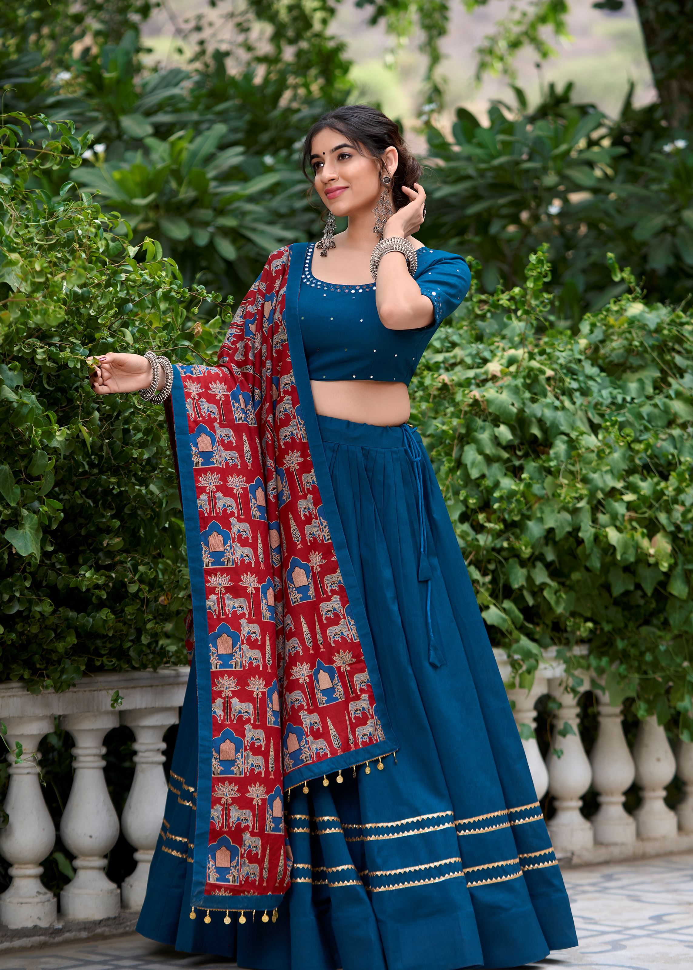 Ferozi Pure Cotton Plain Lehenga Choli Accented with Subtle Gota Patti Elegance