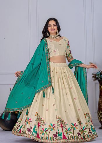 Beige Lehenga Choli With Heavy Embroidery With Multi Color Thread Sequence Work