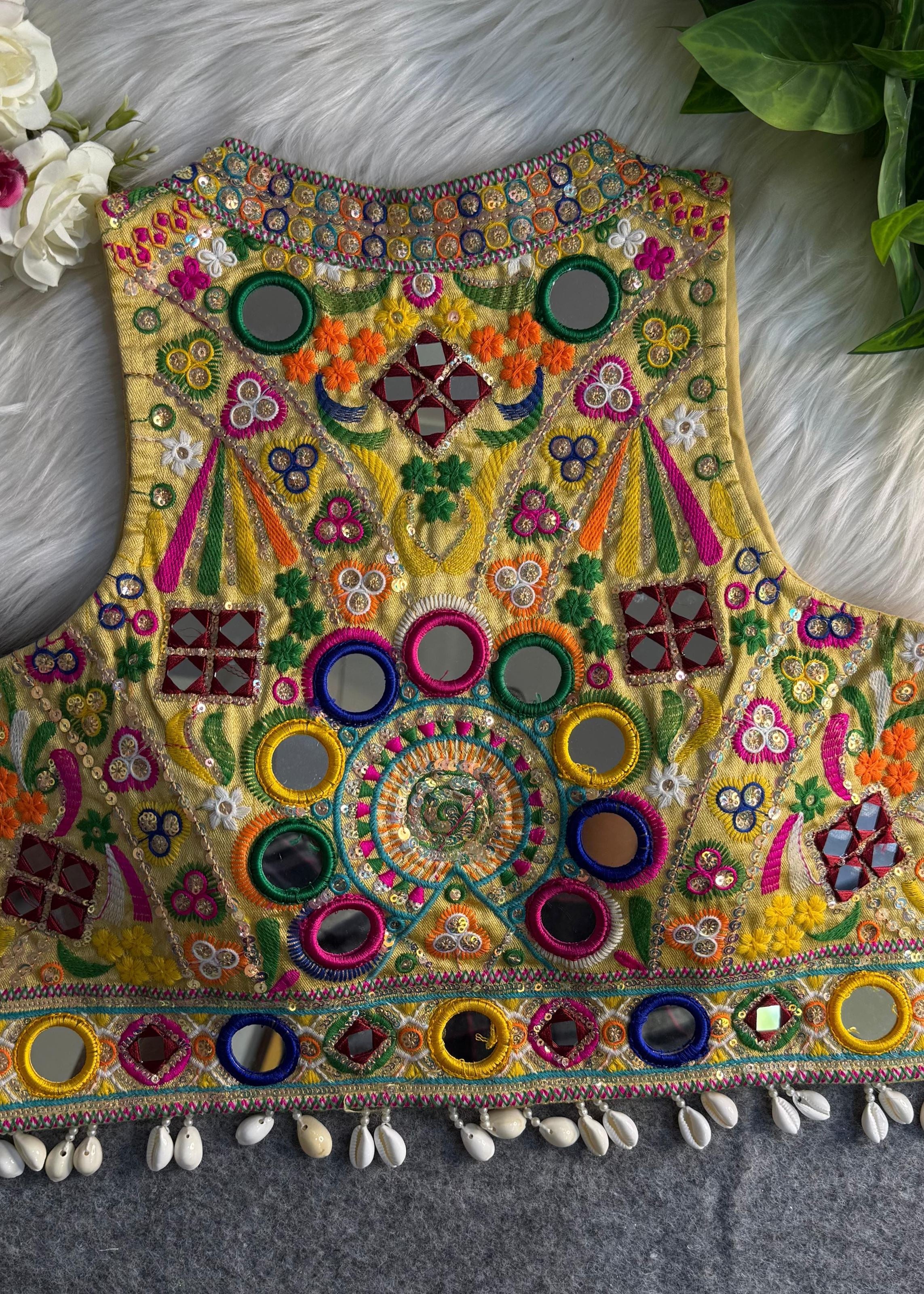 Golden Round Neck Navratri Blouse with Gamthi Mirror Shell Work