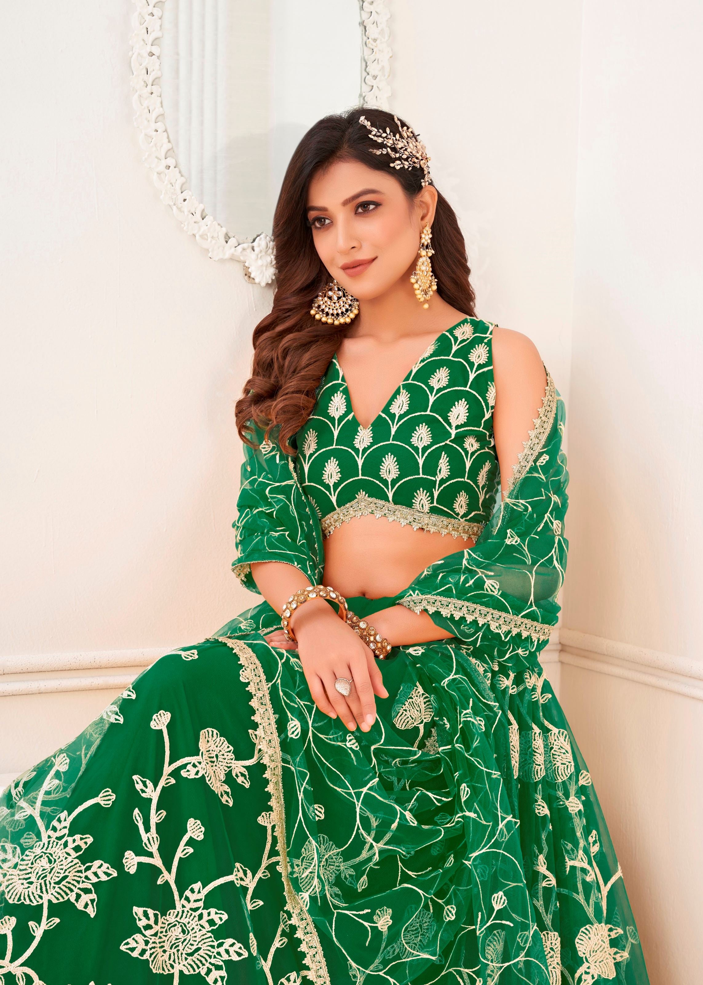 Green Butterfly Net Lehenga Choli With Embroidery And Sequins Work