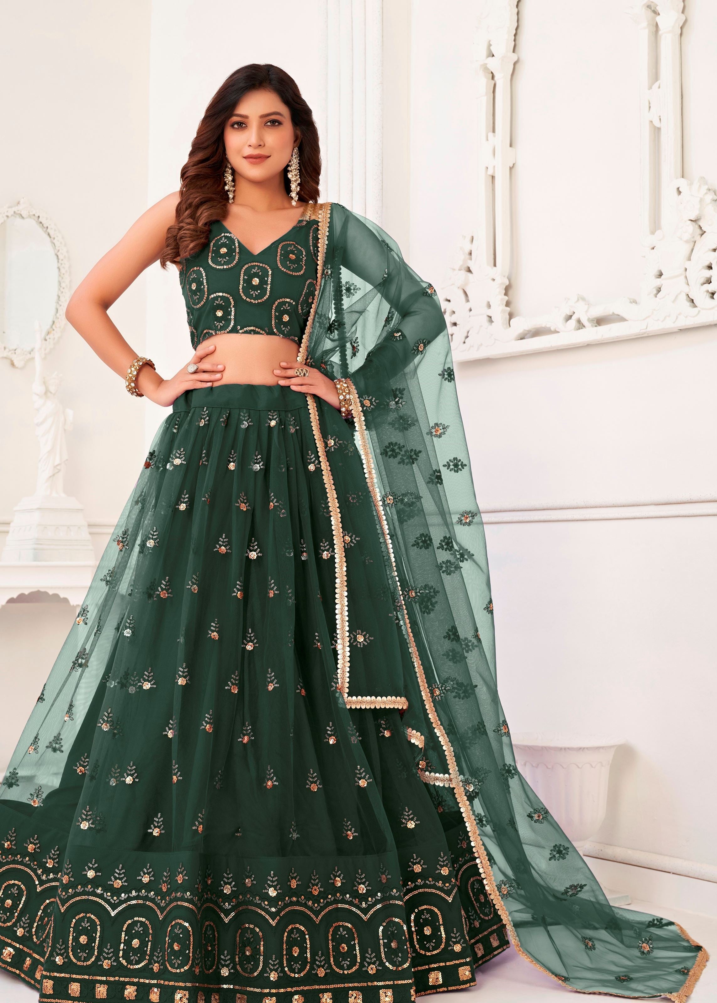Green Butterfly Net Lehenga Choli With Thread And Zari Sandwich Sequence Embroidery Work