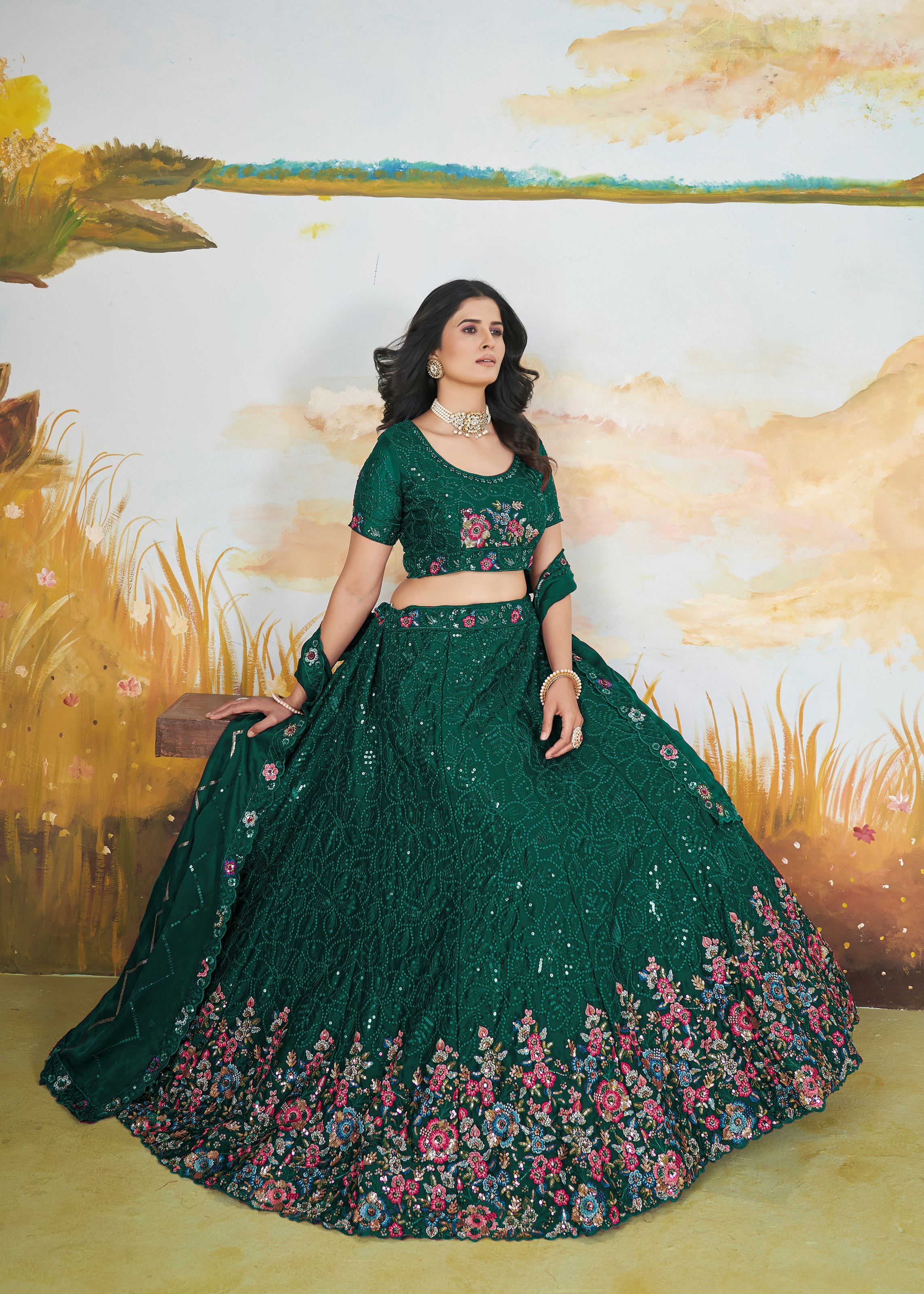 Green Chinnon Lehenga with Fancy Thread Copper Sequins