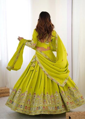 Green Lehenga Choli With Coding Dori With Thread Sequnce Work