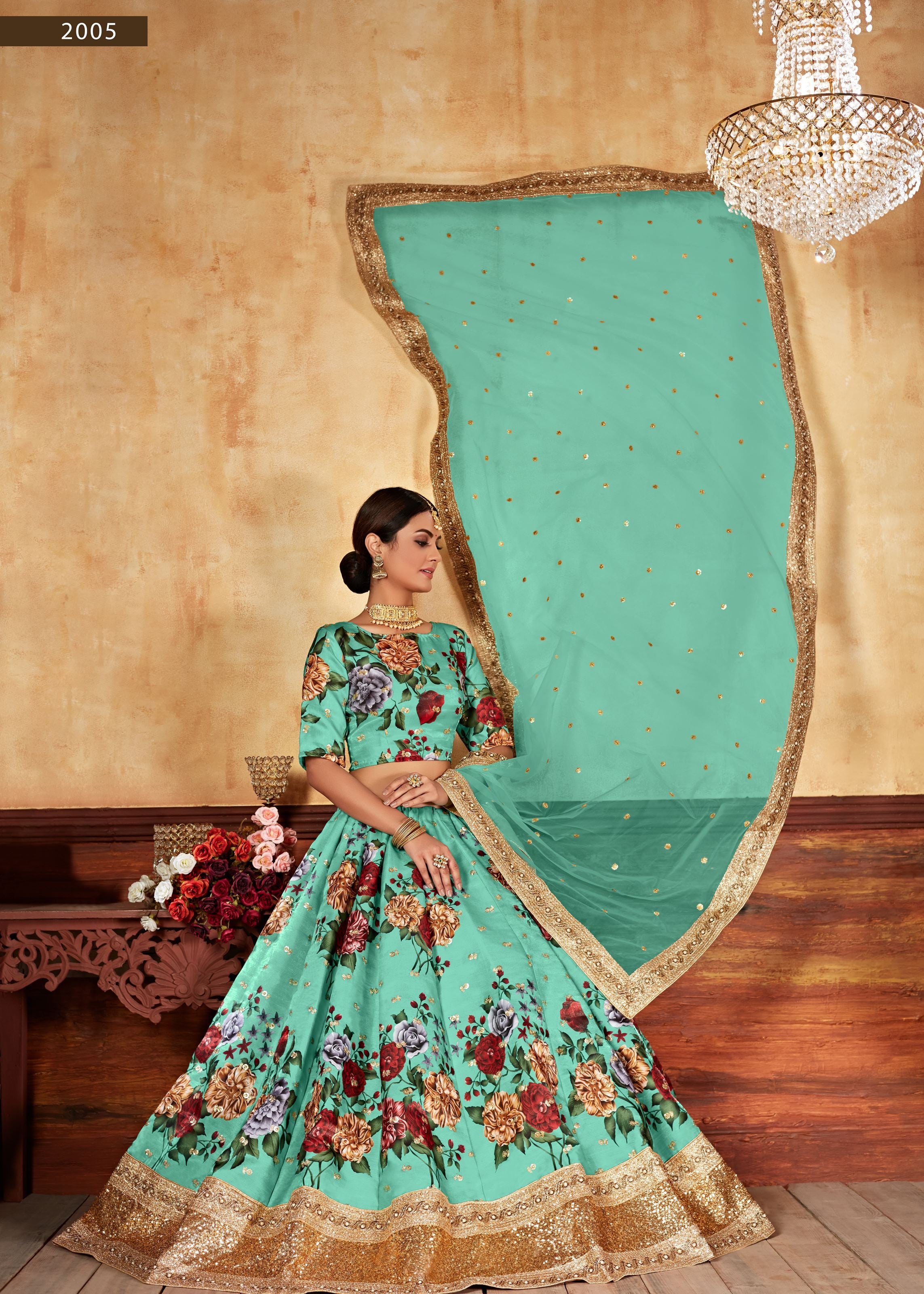 Green Lehenga Choli With Digital Print And Dori With Jari Sequins Butti,Embroidered Border And Pearl Work