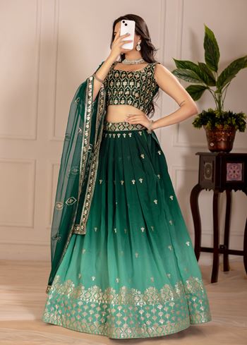 Green Lehenga Choli With Embroidery Thread Sequence Work