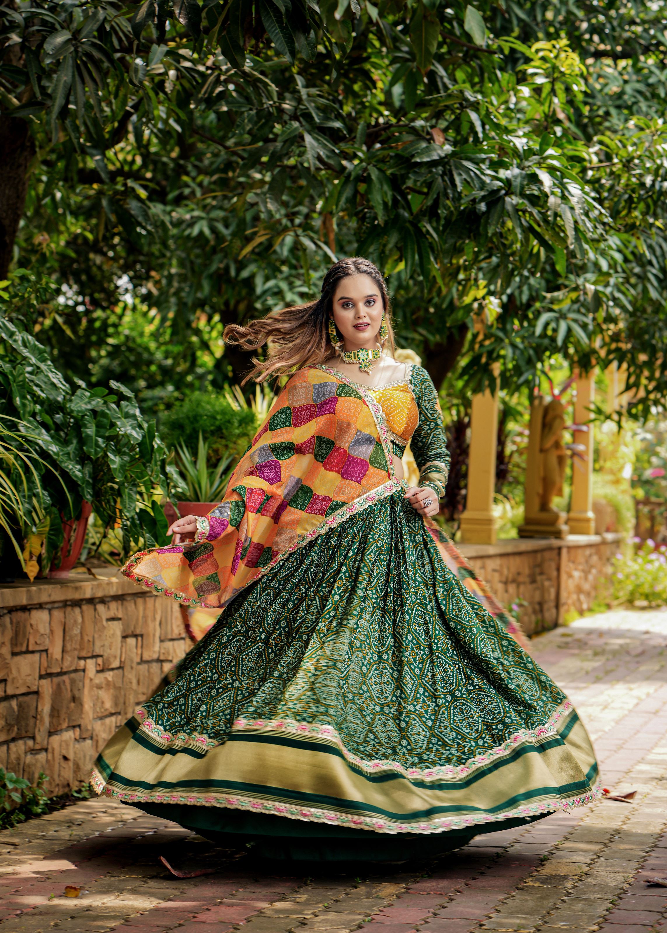 Green Lehenga Choli With Heavy Discharge Print Heavy Embroidery Thread Sequins Work