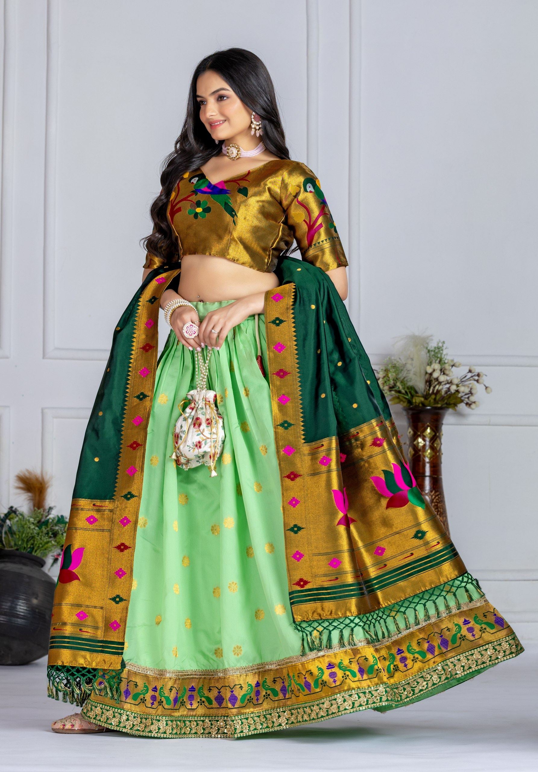 Green Lehenga Choli with Jacquard Zari Weaving & Embroidery Lace Detailing