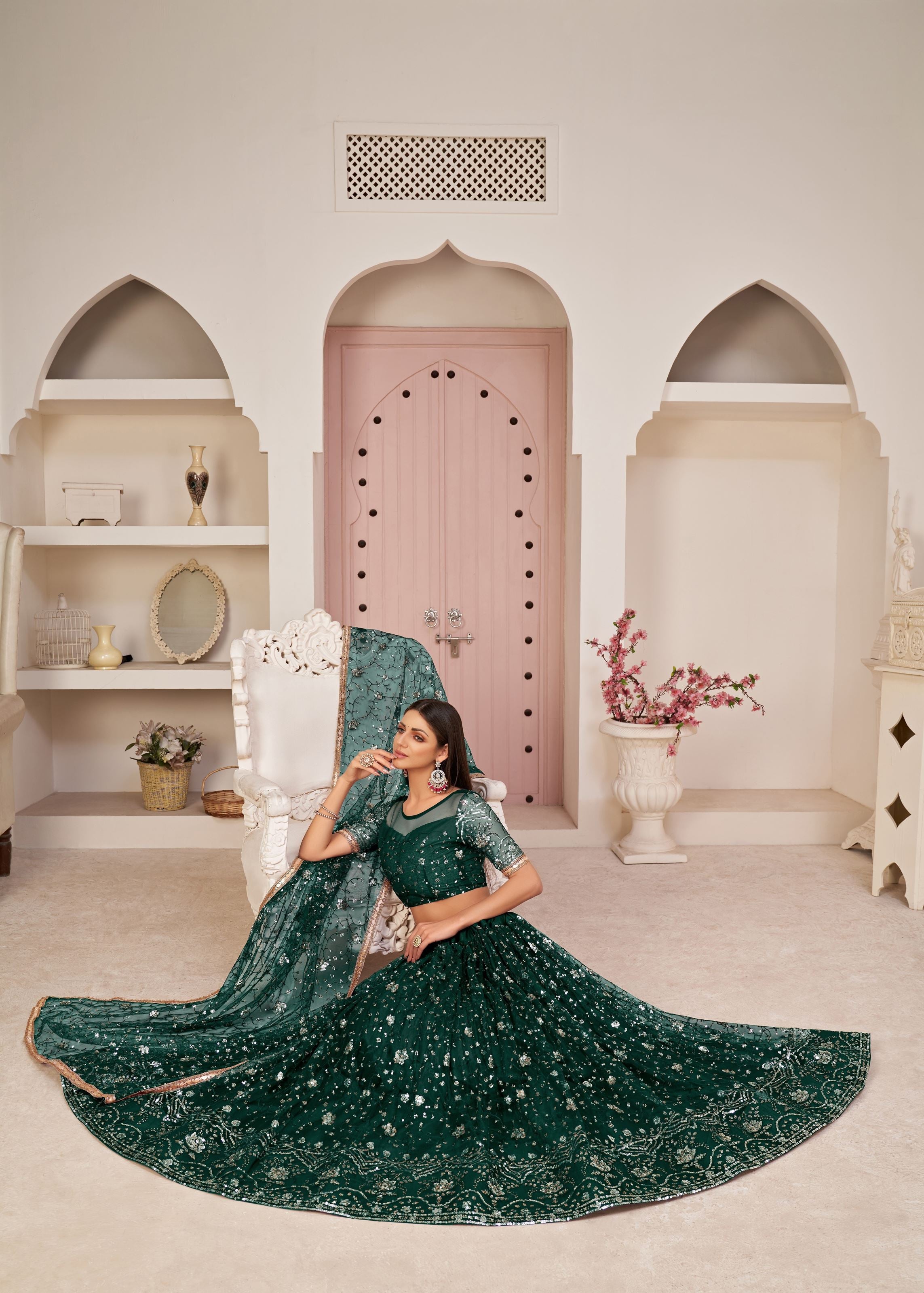 Green Net Lehenga Choli With Thread Embroidery Work