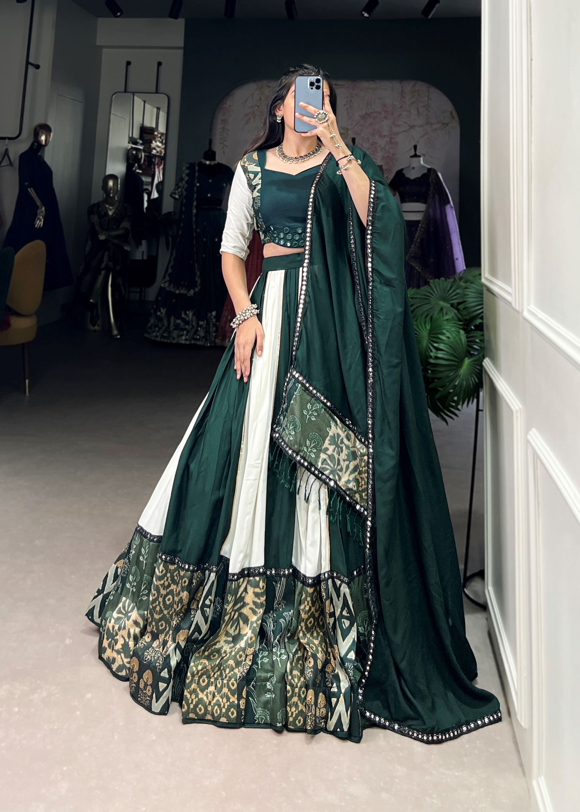Green Printed Plain Rayon Lehenga with Mirror Lace and Gota Patti Sparkle