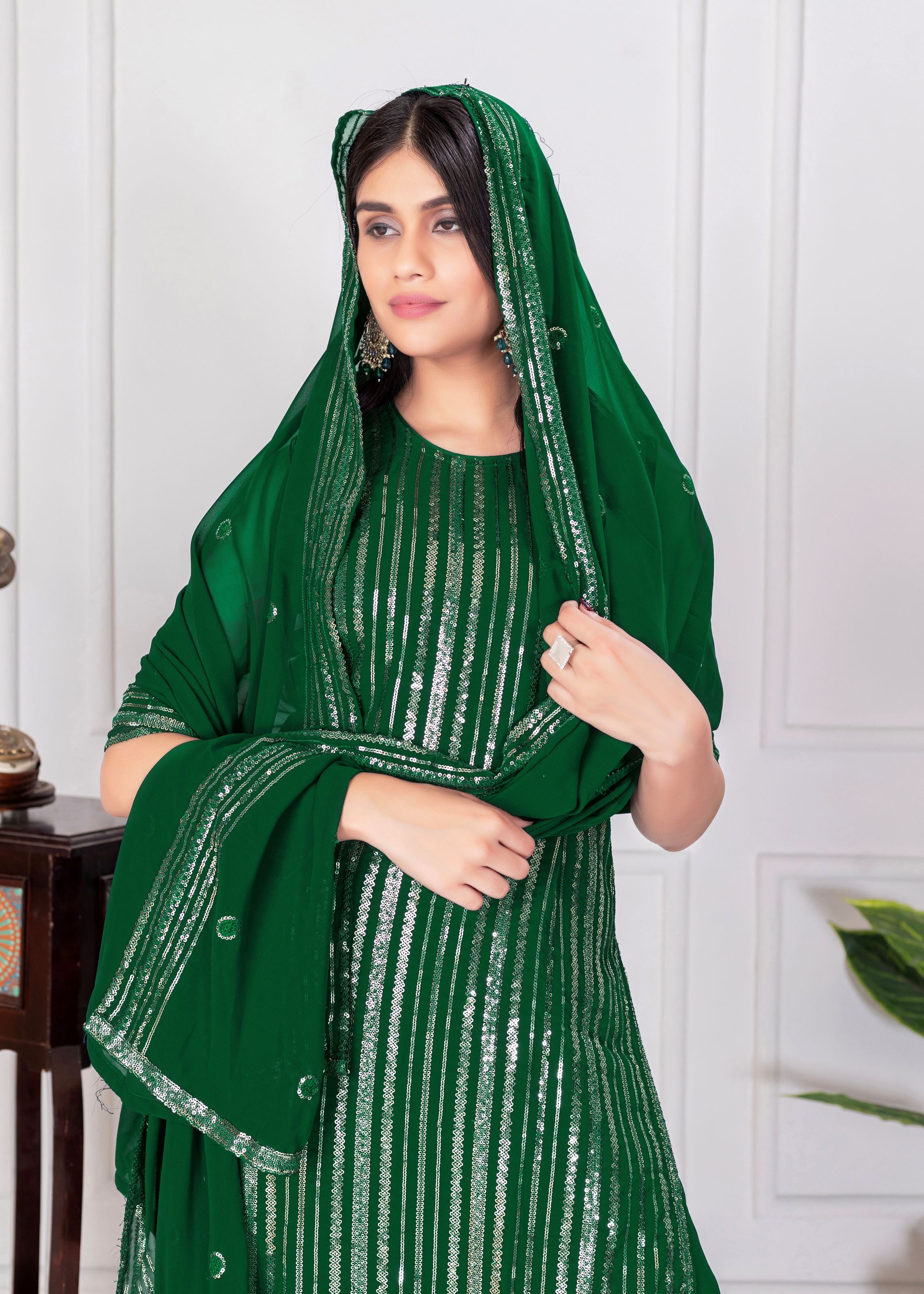 Green Sharara Dress With Sequence Embroidered