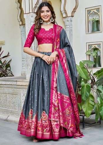 Grey Lehenga Choli With Bandhej And Ajrakh Print