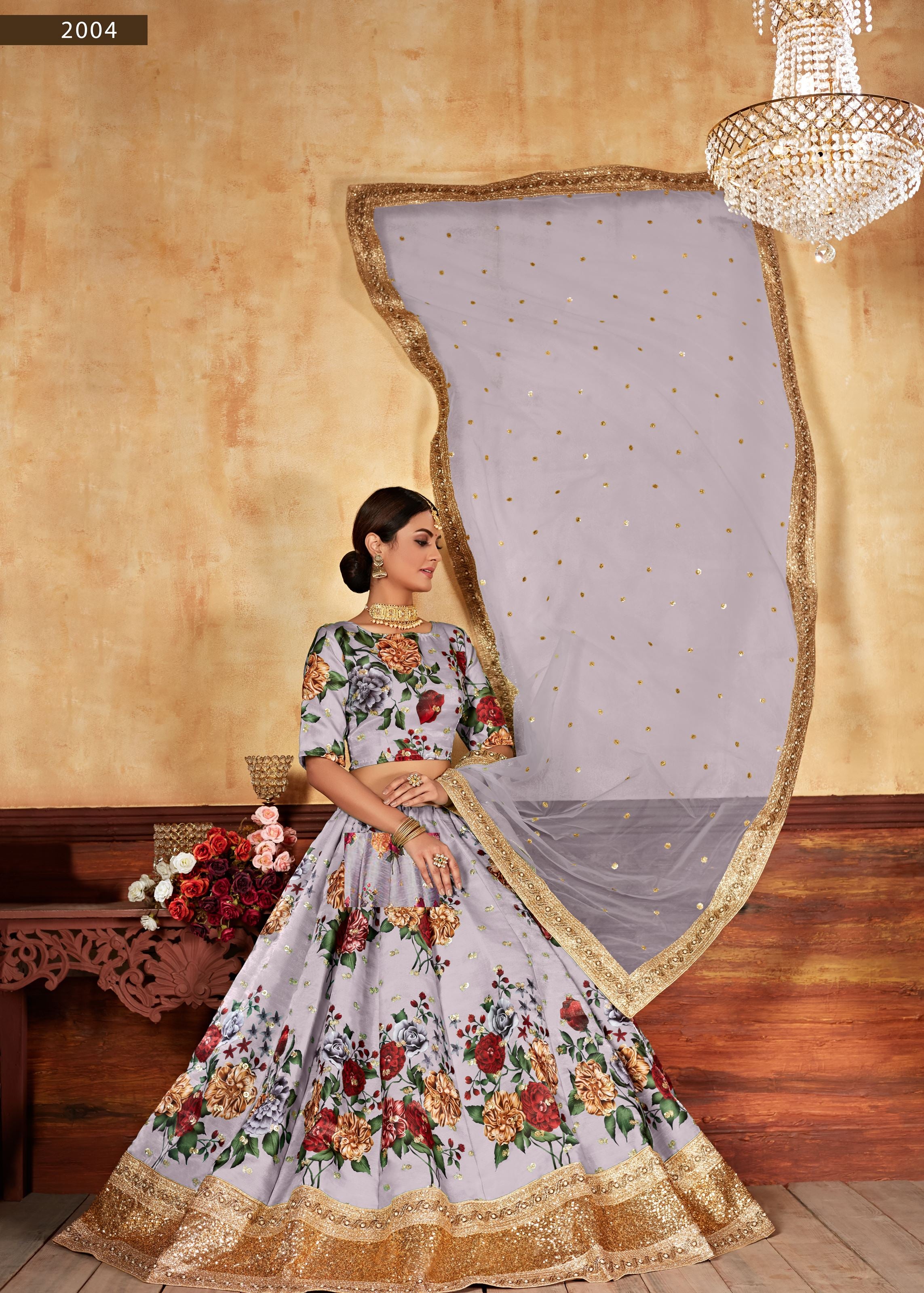 Grey Lehenga Choli With Digital Print And Dori With Jari Sequins Butti,Embroidered Border And Pearl Work
