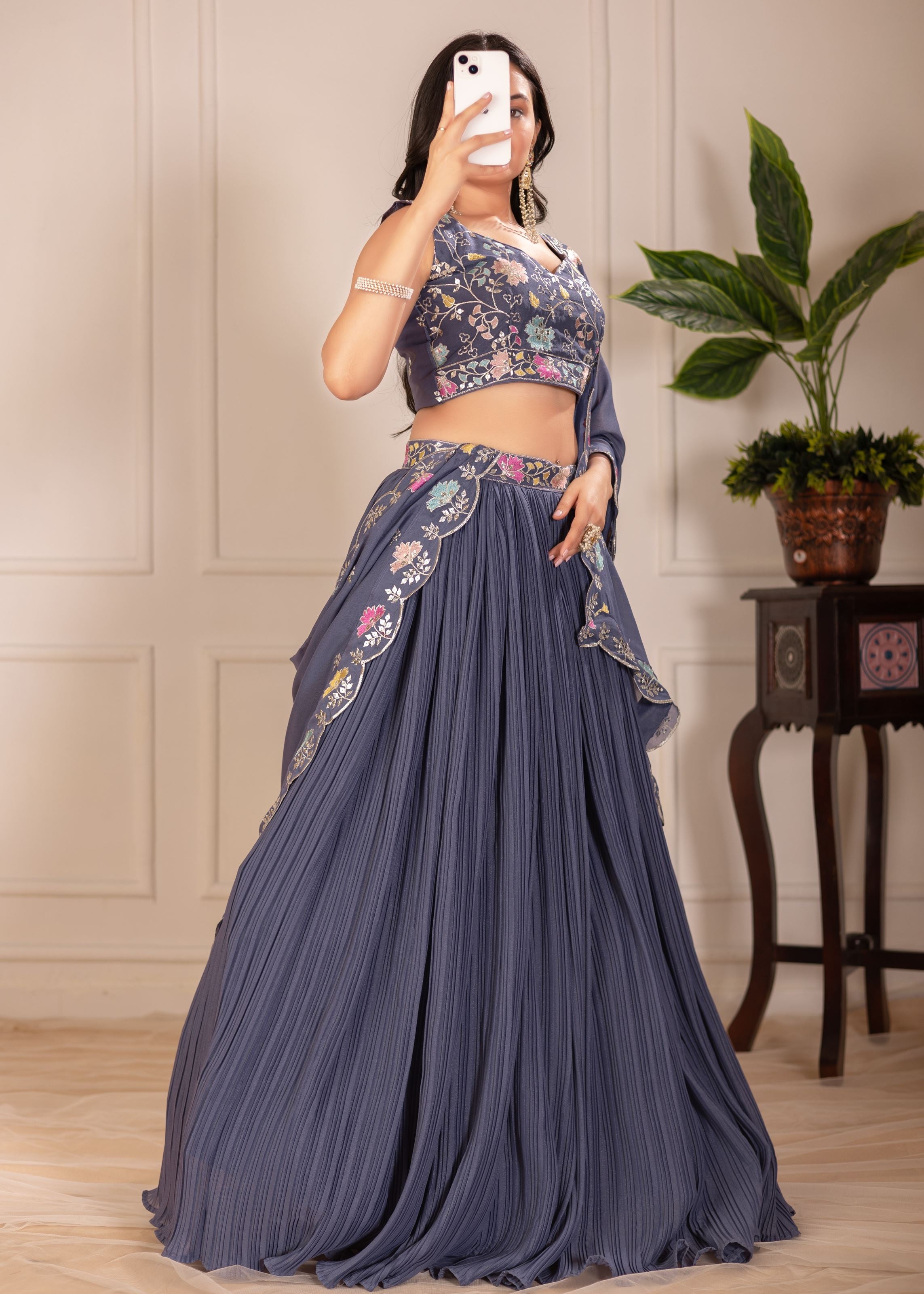 Grey Lehenga Choli With Embroidery With Multi Thread Sequence Work