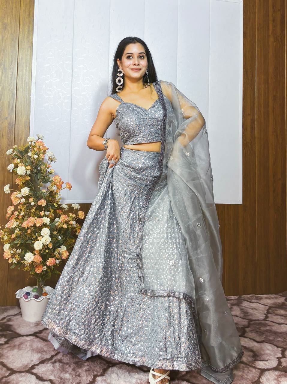 Grey Lehenga Choli With Sequins Work