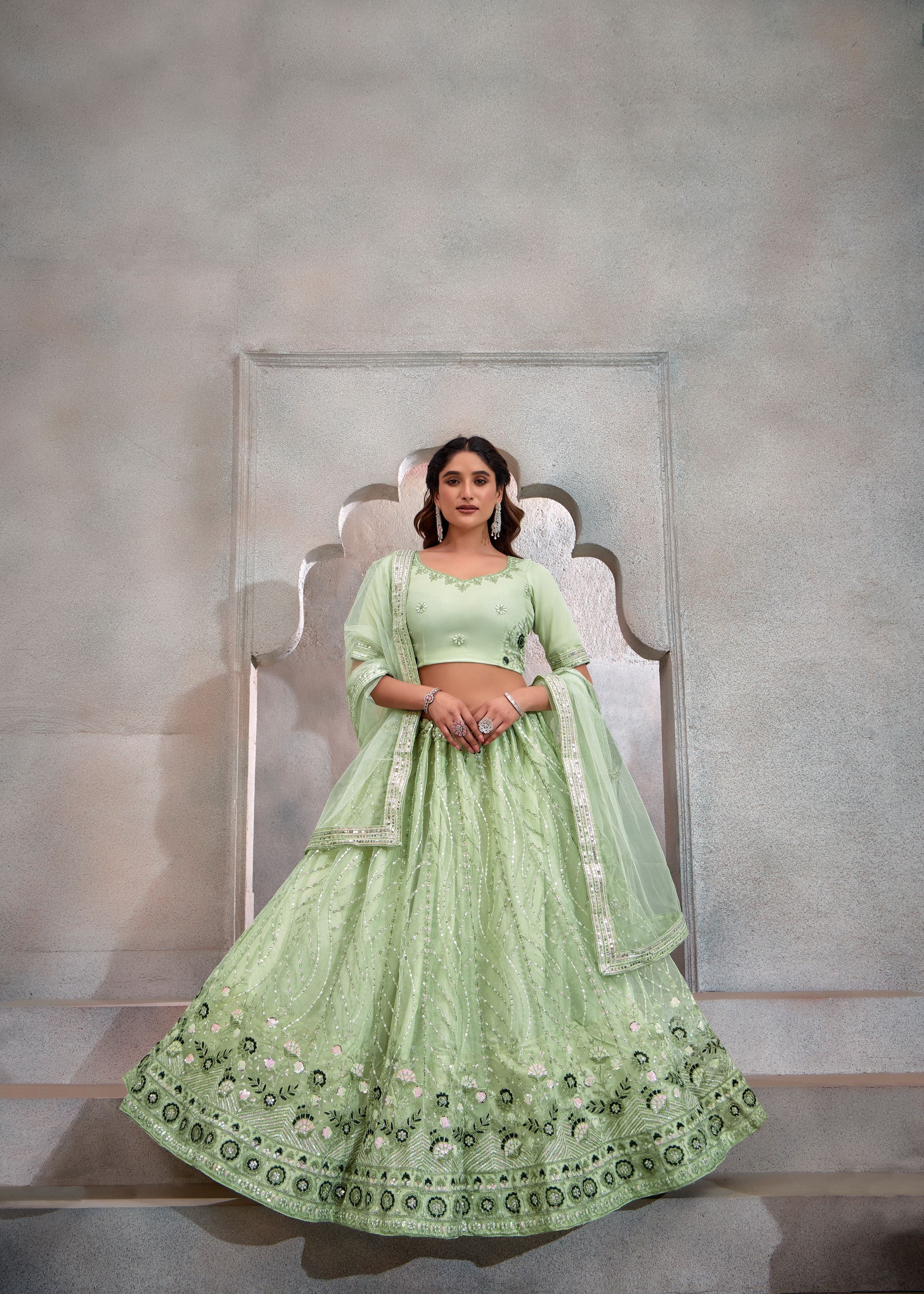 Pista Lehenga Choli With Heavy Sequence Embroidered