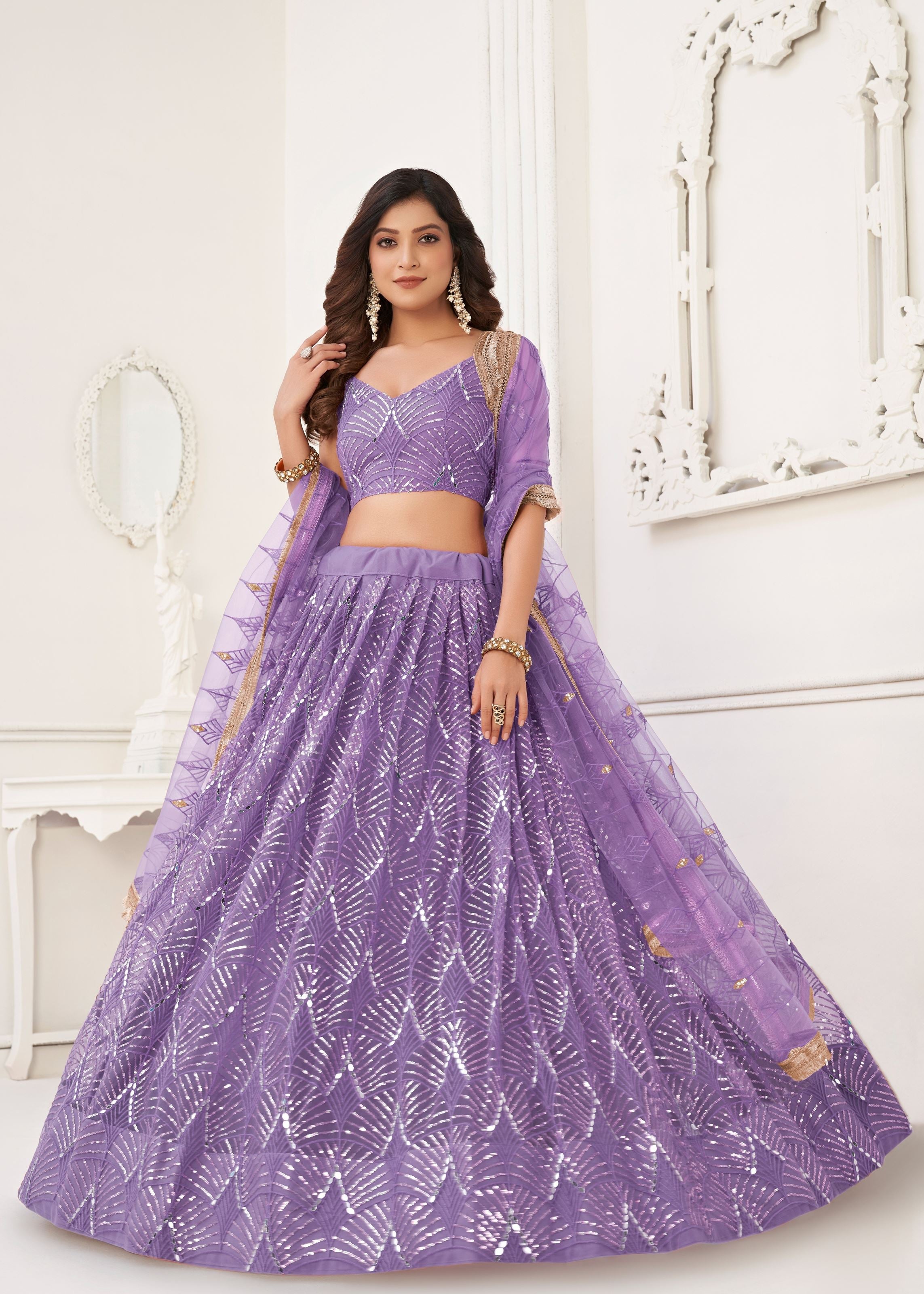 Lavender Net Lehenga Choli With Thread Embroidery Real Mirror Work