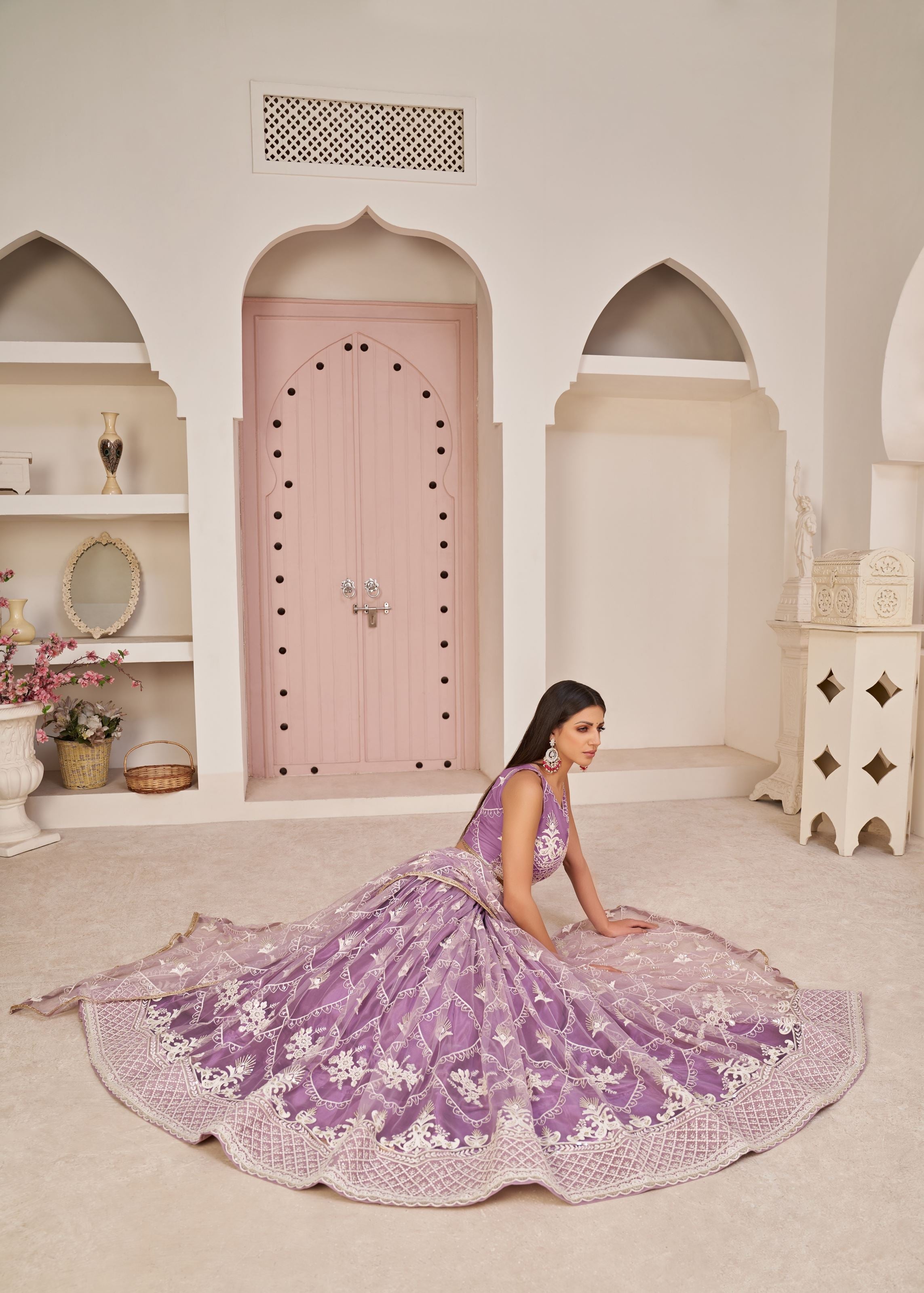 Lavender Net Lehenga Choli With Thread Embroidery Work