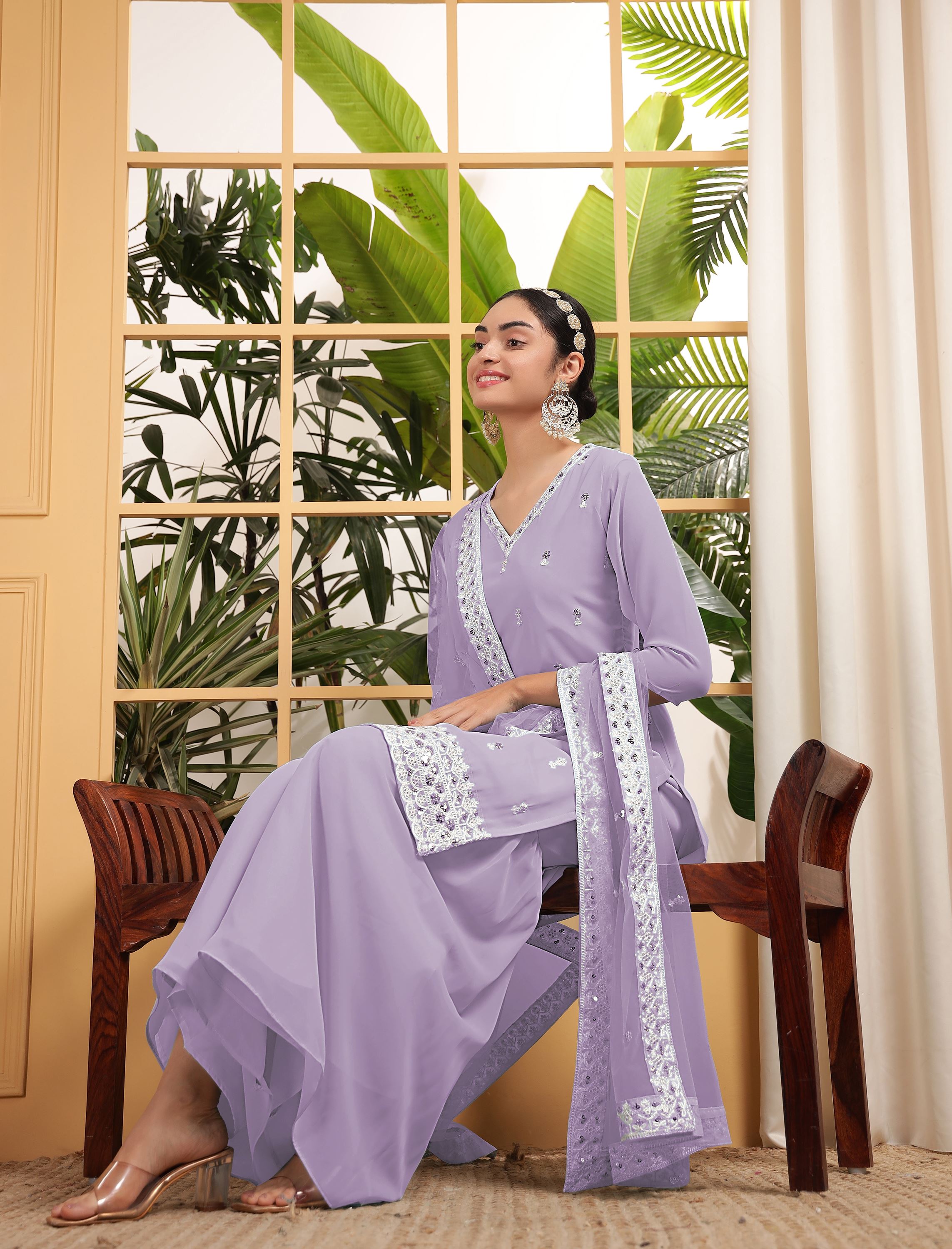 Lavender Sharara Dress With Sequence Embroidered
