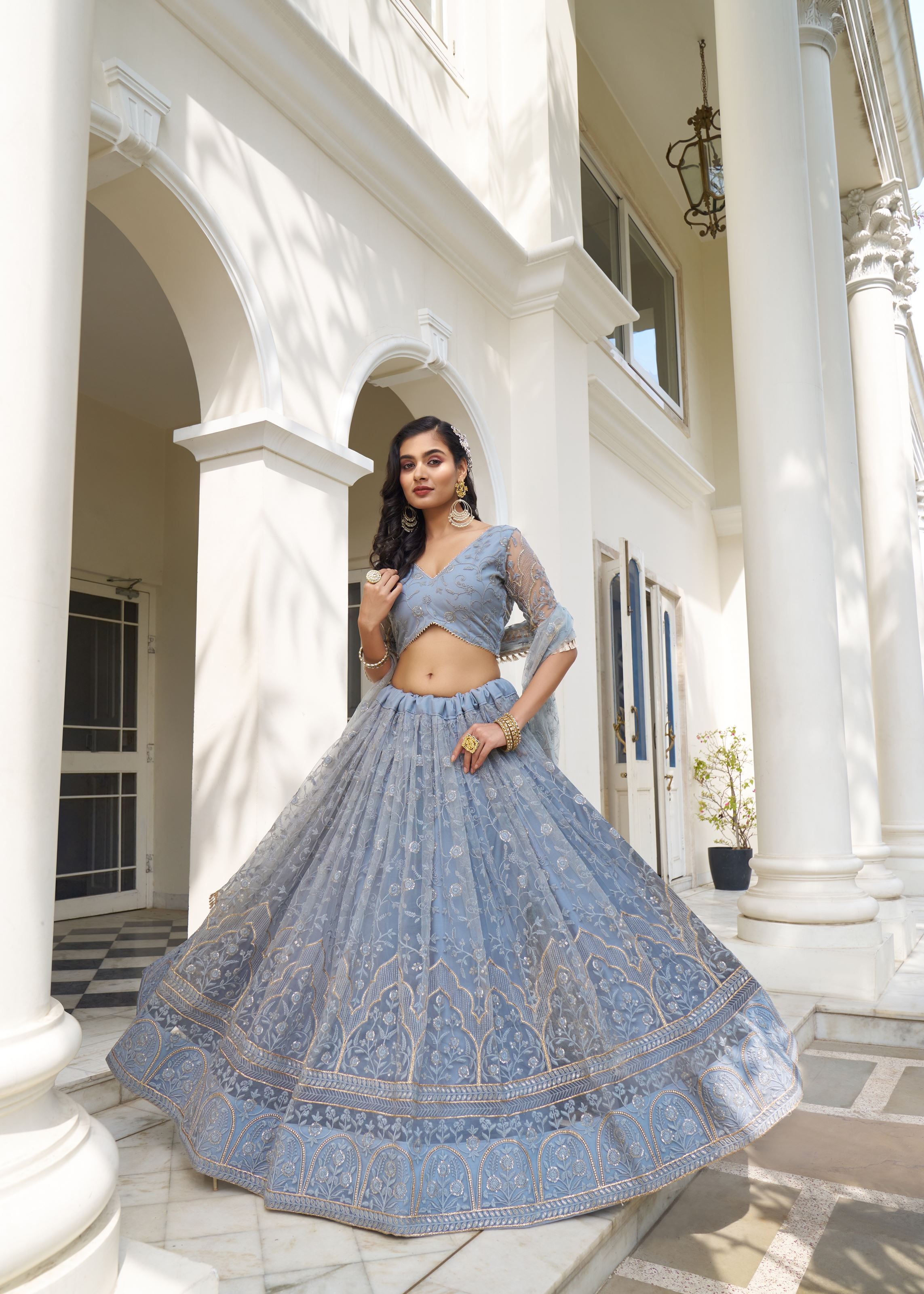 Light Blue Grey Butterfly Net Lehenga Choli With Designer Thread Work, Zari Work And Sequence Work