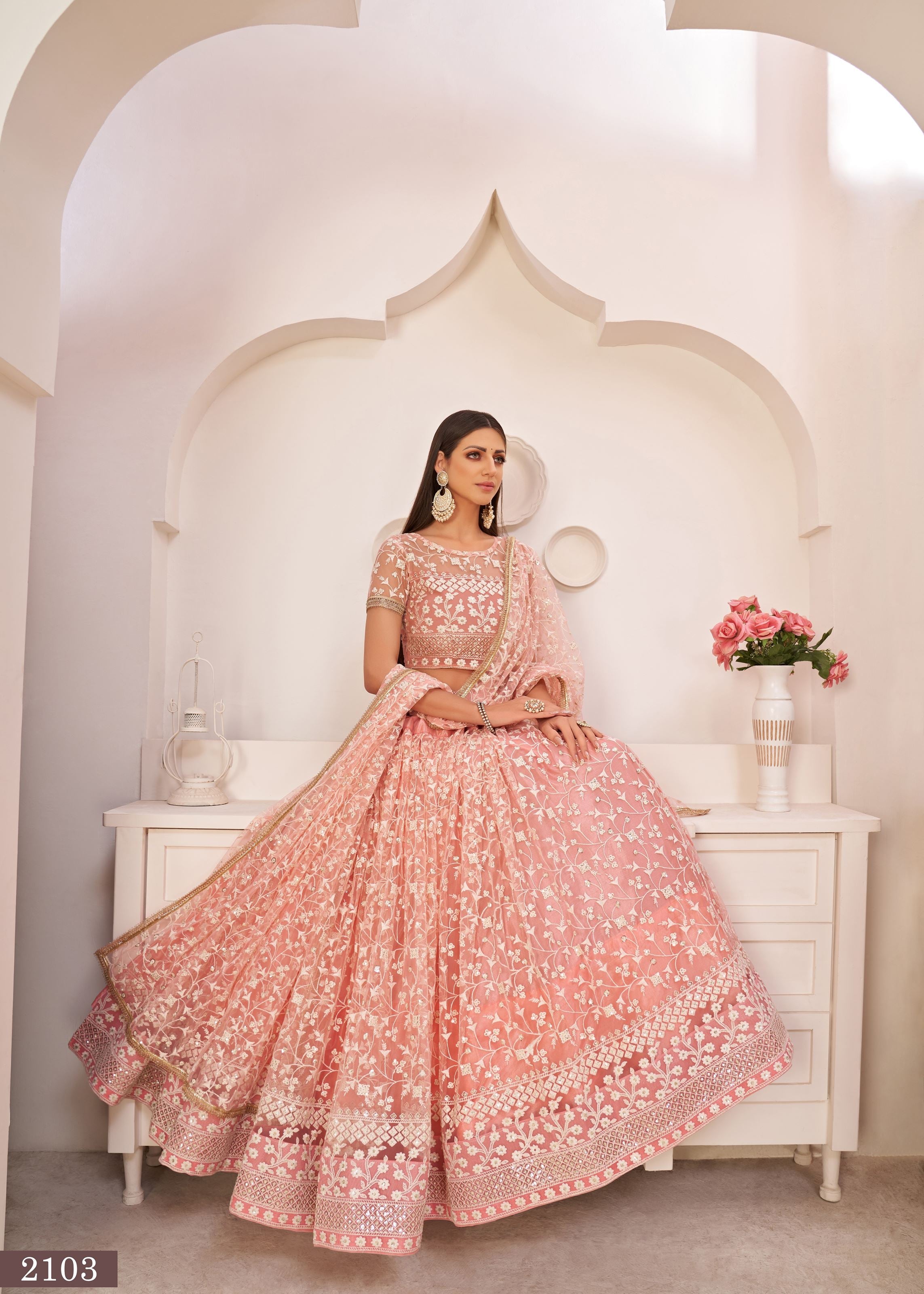 LightPink Net Lehenga Choli With Thread And Zari Sandwich Sequence Embroidery Work