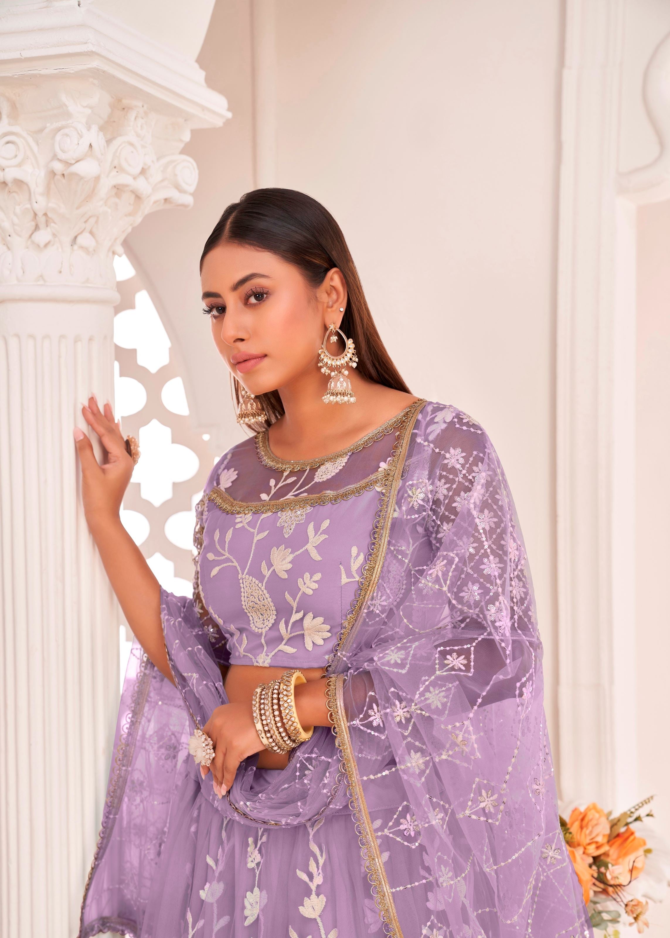 Lightpurple Butterfly Net Lehenga Choli With Thread Embroidery Work