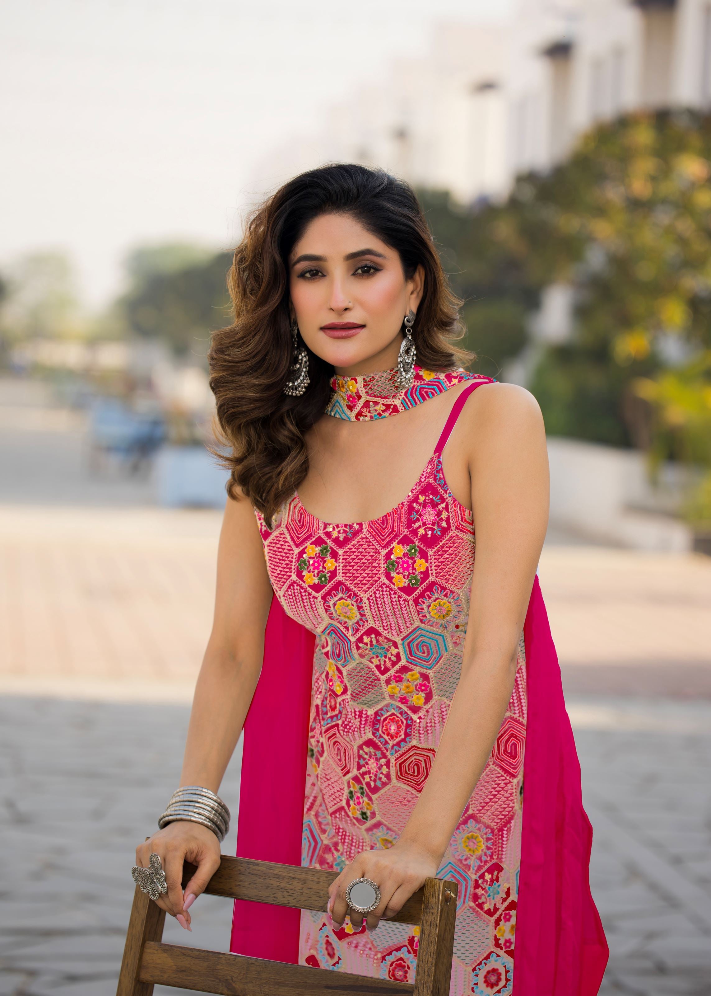 Magenta Sharara Dress With Embroidery Work