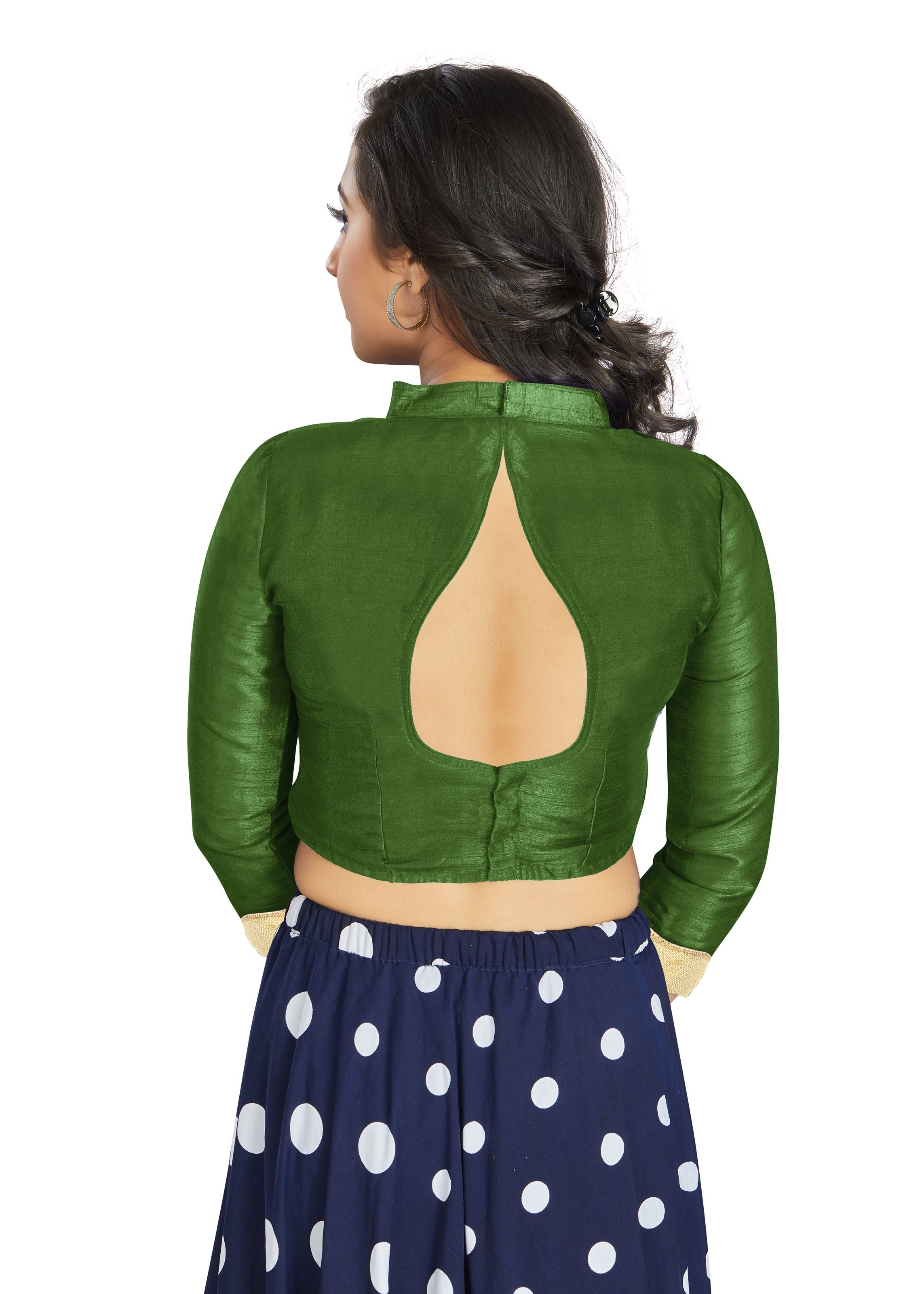 Mahendi Art Silk V Neck Chinese Collar Blouse With Matty In Sleeve