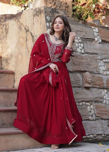 Maroon Anarkali With Heavy Sequins Multi Beads Embroidered Work
