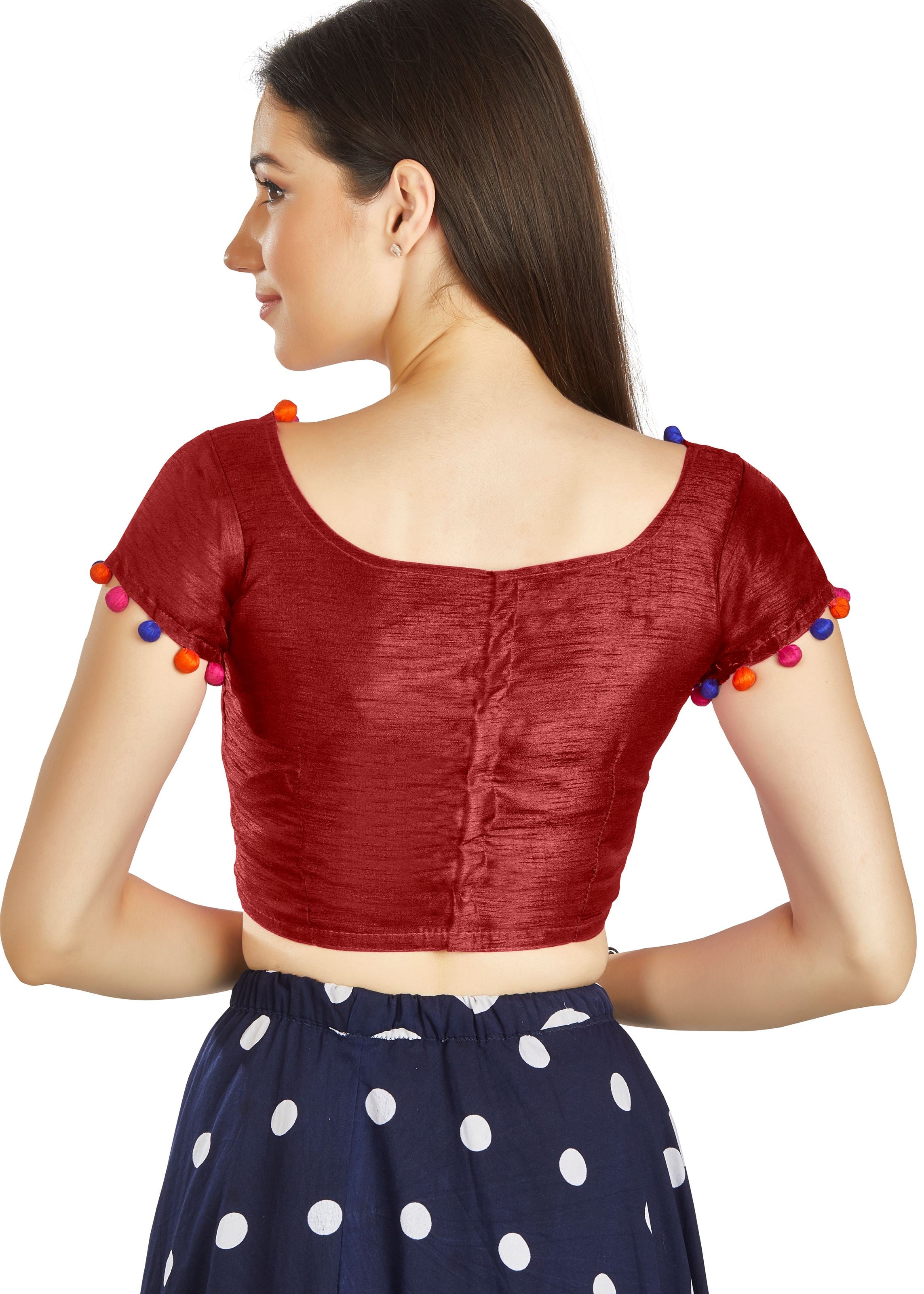 Maroon Art Silk Boat Neck Blouse With Potli Design In Neck Or Sleeve