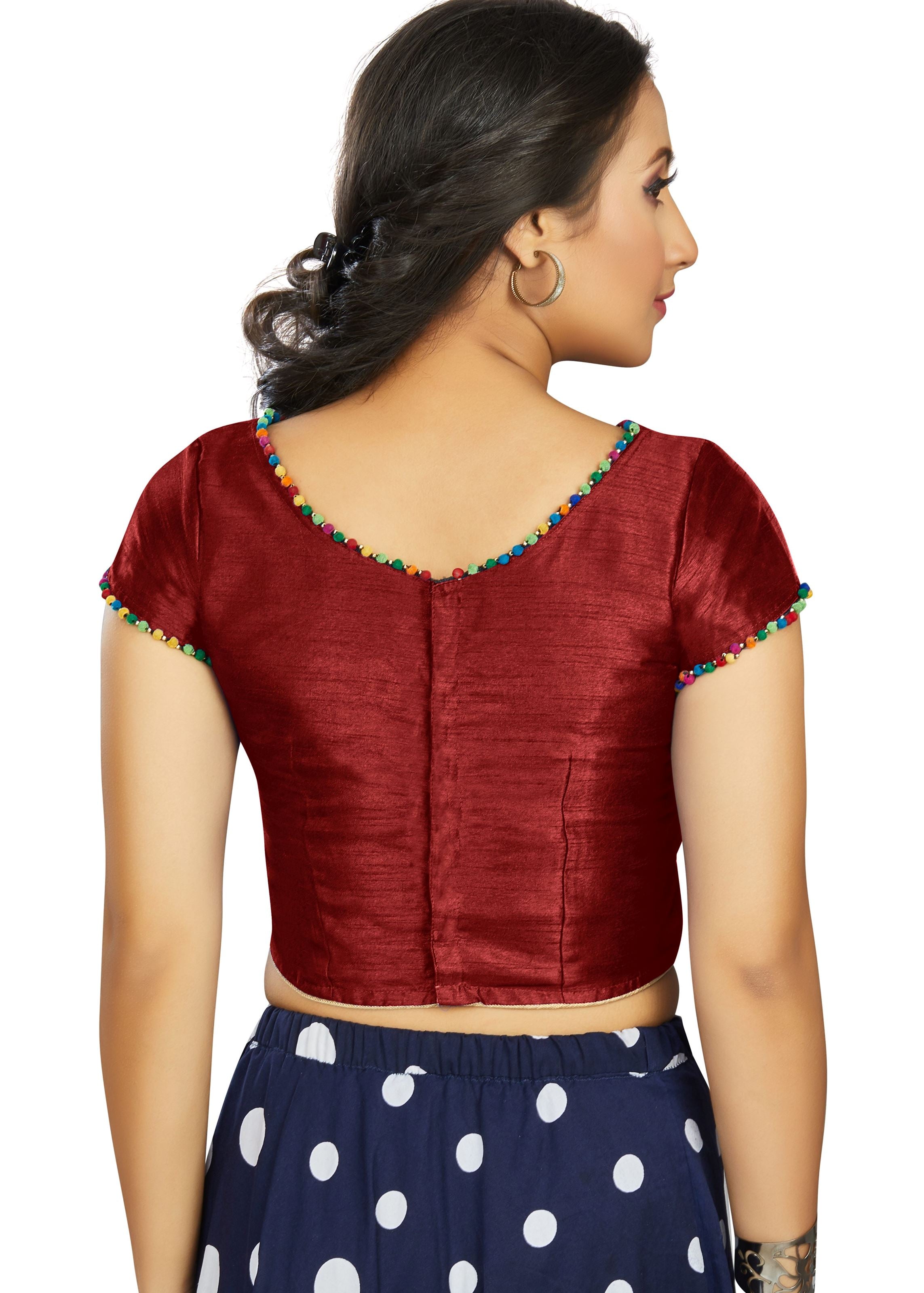 Maroon Art Silk Boat Neck Plain Blouse